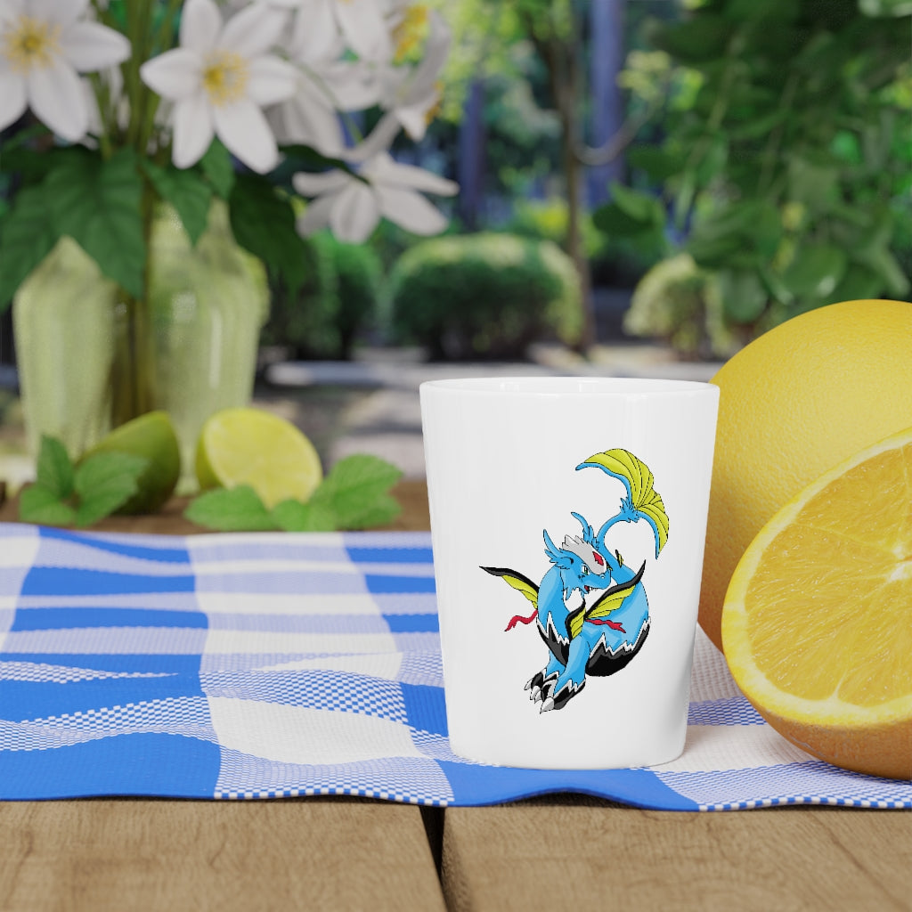 Personalized Dragonir Shot Glass with white ceramic exterior and customizable design, available in white or black interior.