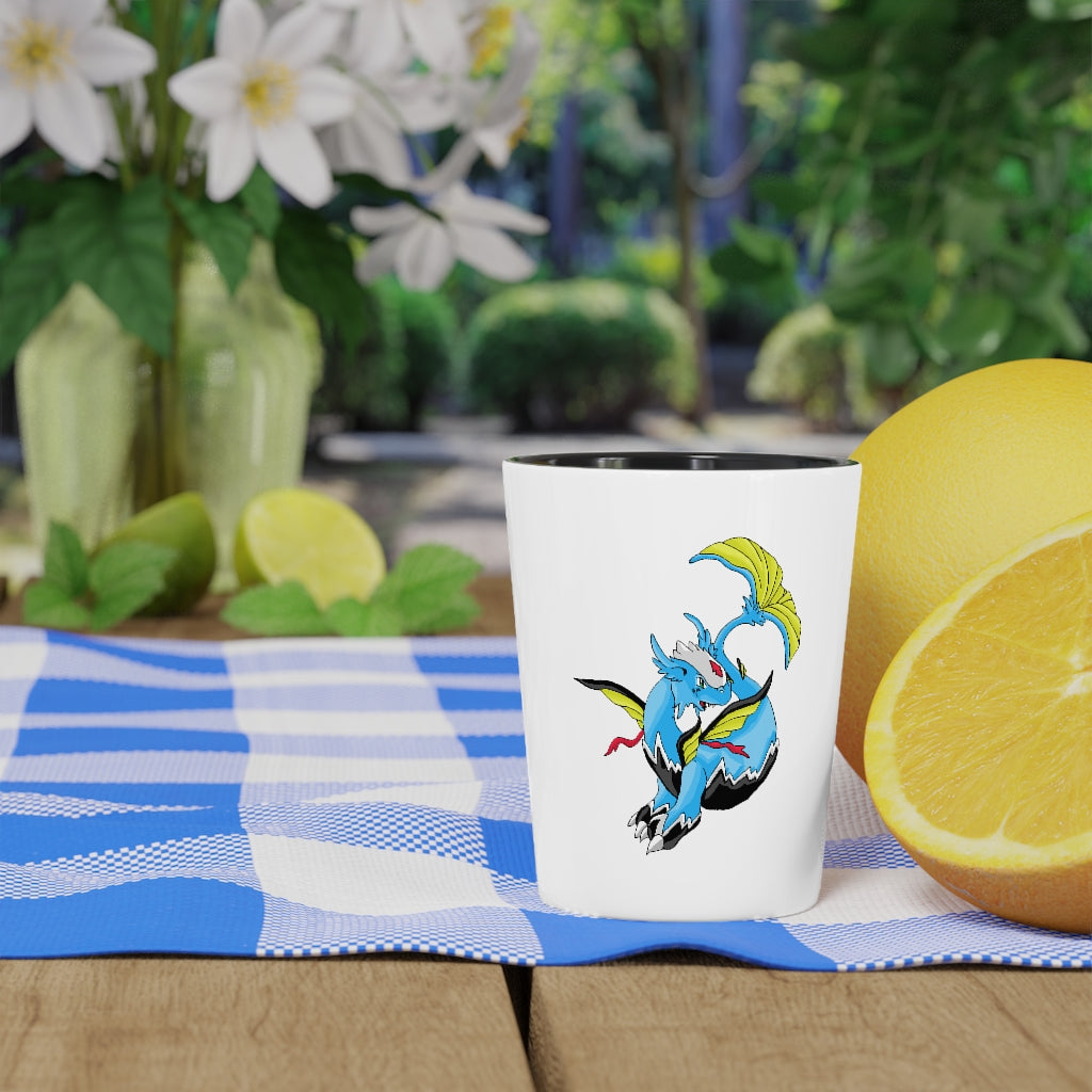 Personalized Dragonir Shot Glass with white ceramic exterior and customizable design, available in white or black interior.