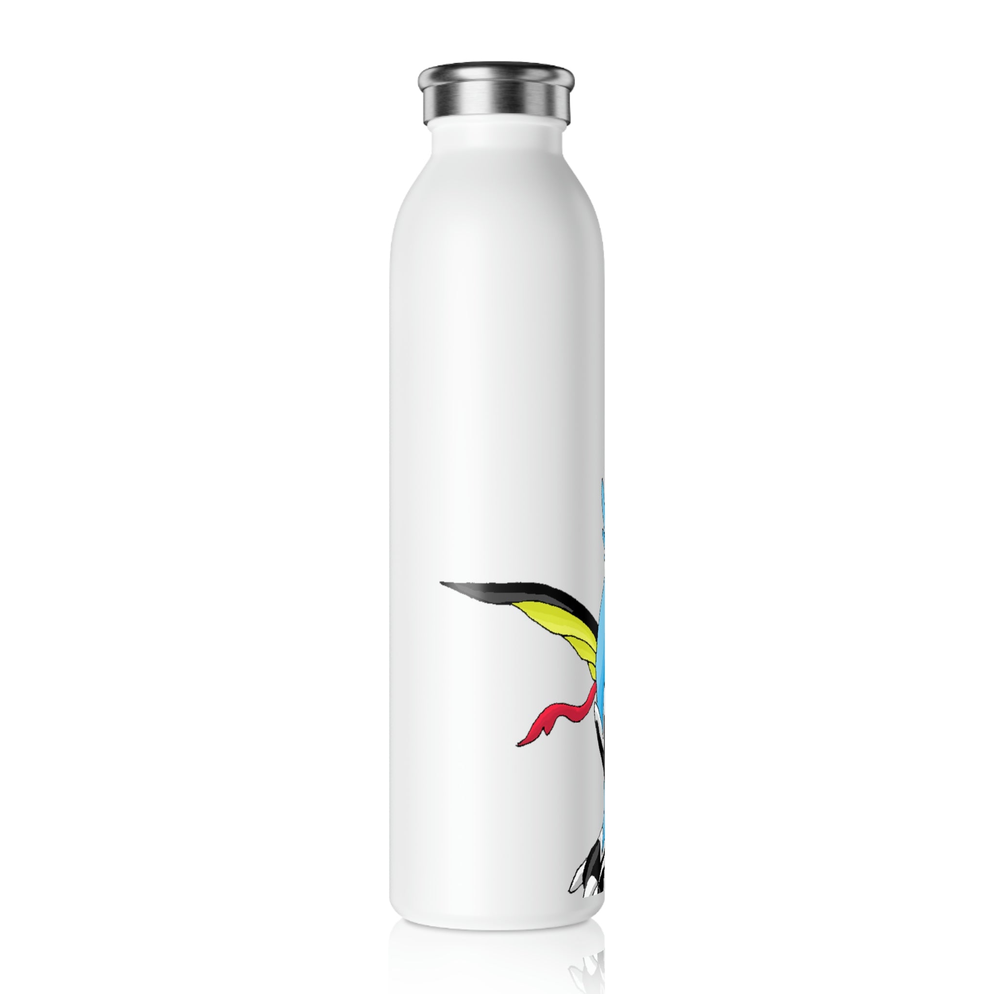 Dragonir Slim Water Bottle with matte finish and silver cap, showcasing vibrant custom designs.