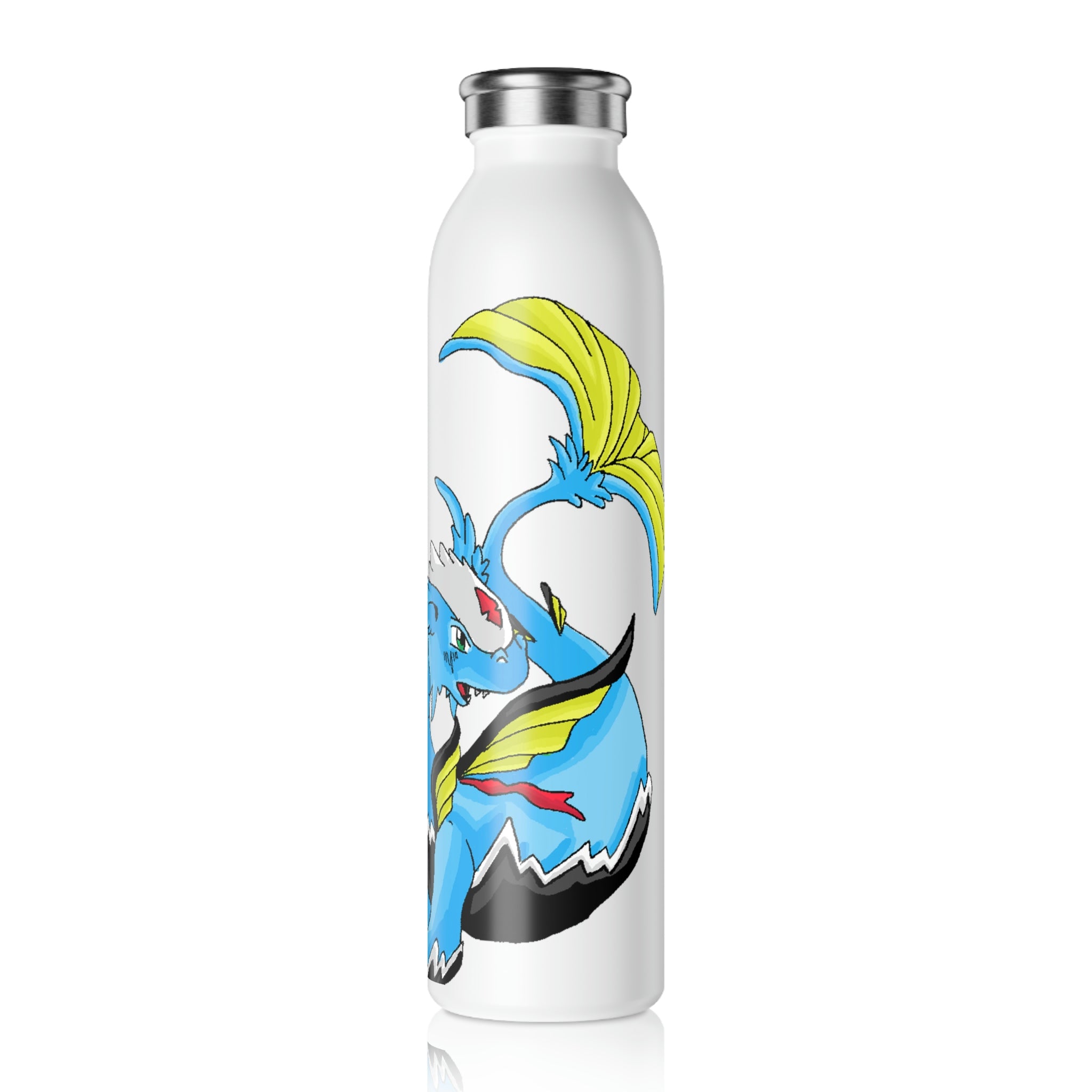 Dragonir Slim Water Bottle with matte finish and silver cap, showcasing vibrant custom designs.