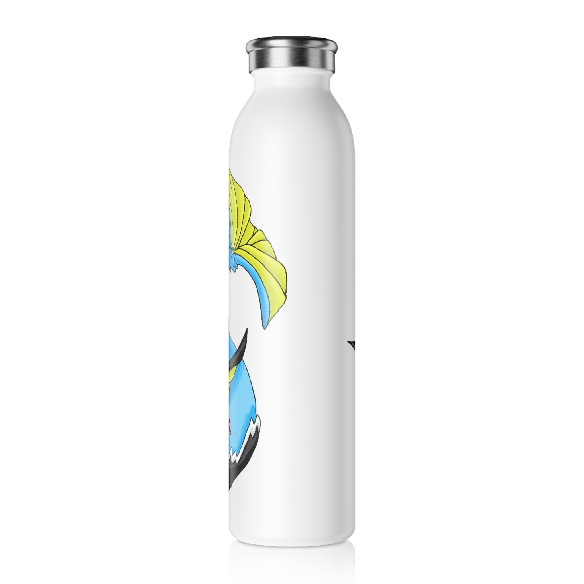 Dragonir Slim Water Bottle with matte finish and silver cap, showcasing vibrant custom designs.