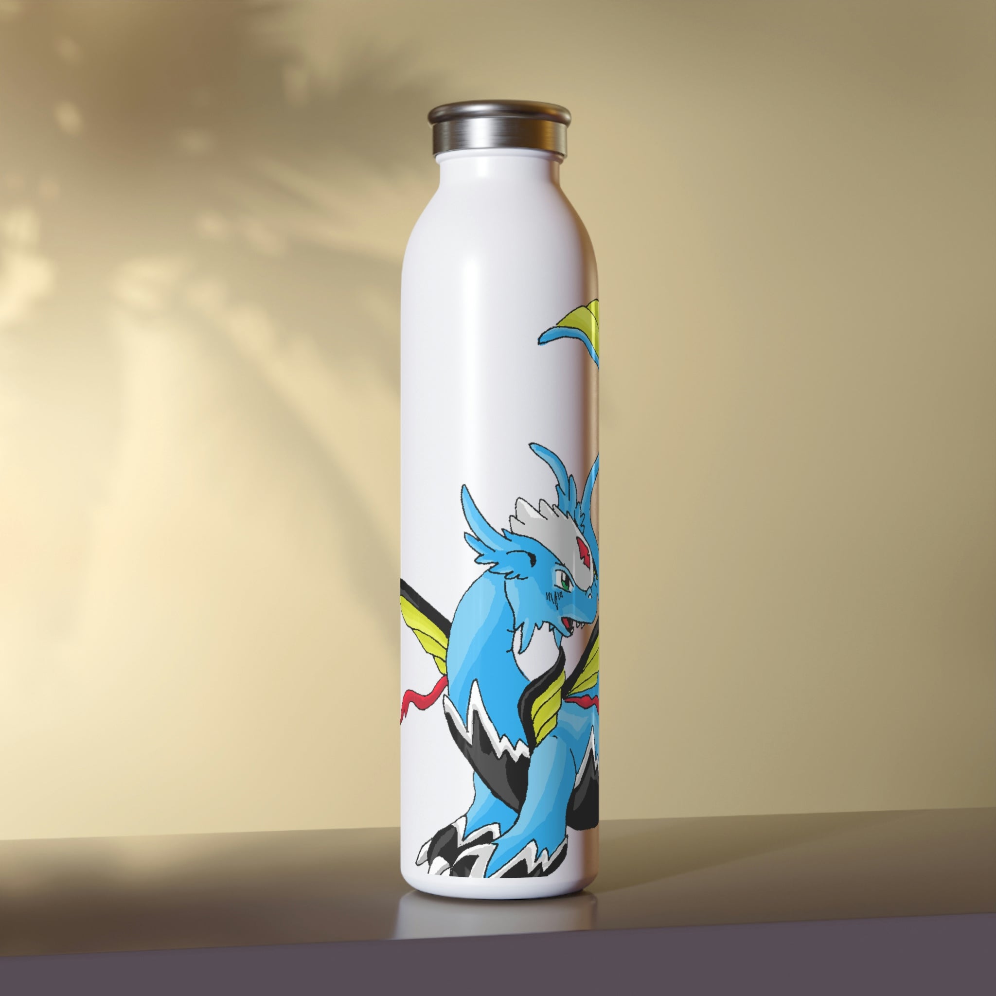 Dragonir Slim Water Bottle with matte finish and silver cap, showcasing vibrant custom designs.