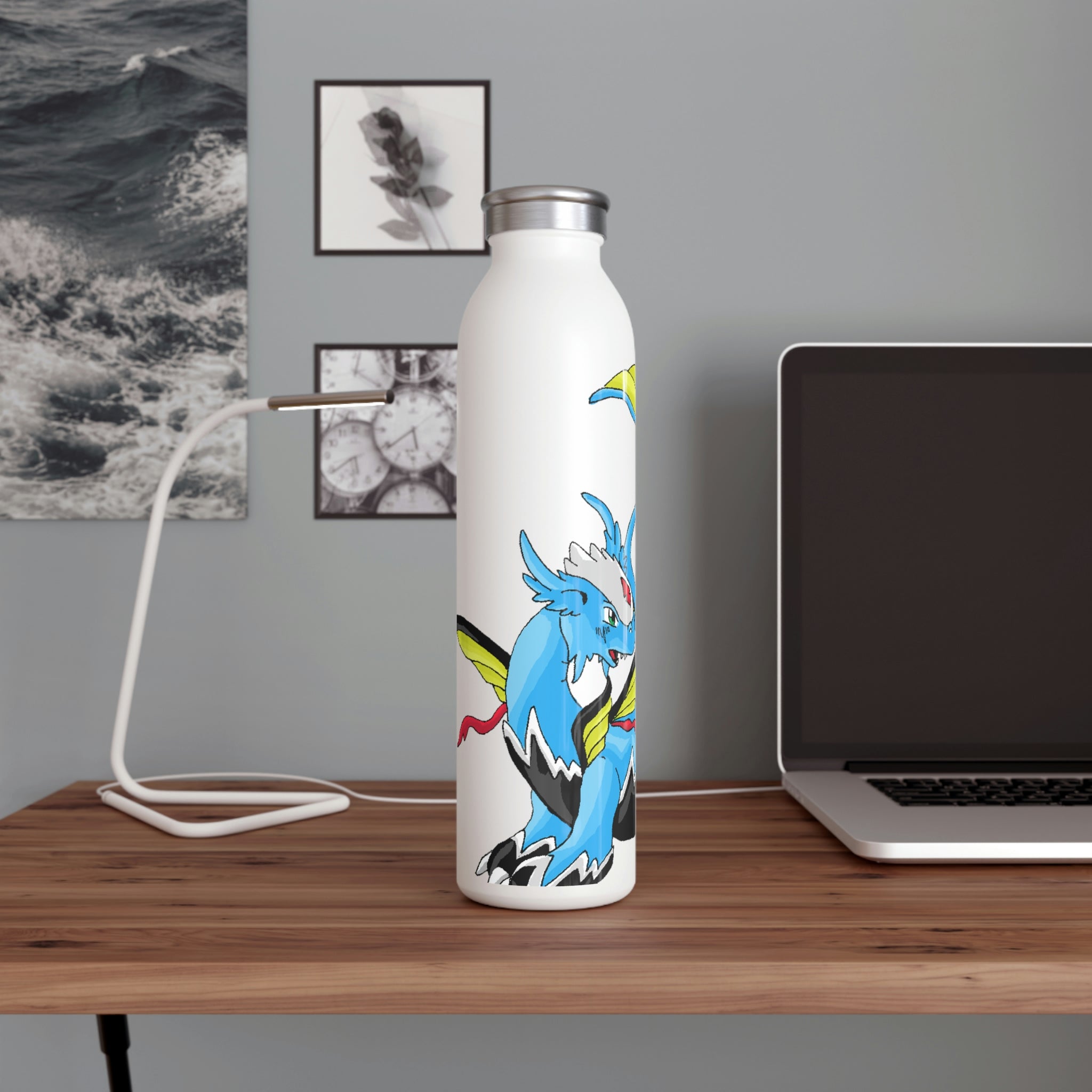 Dragonir Slim Water Bottle with matte finish and silver cap, showcasing vibrant custom designs.