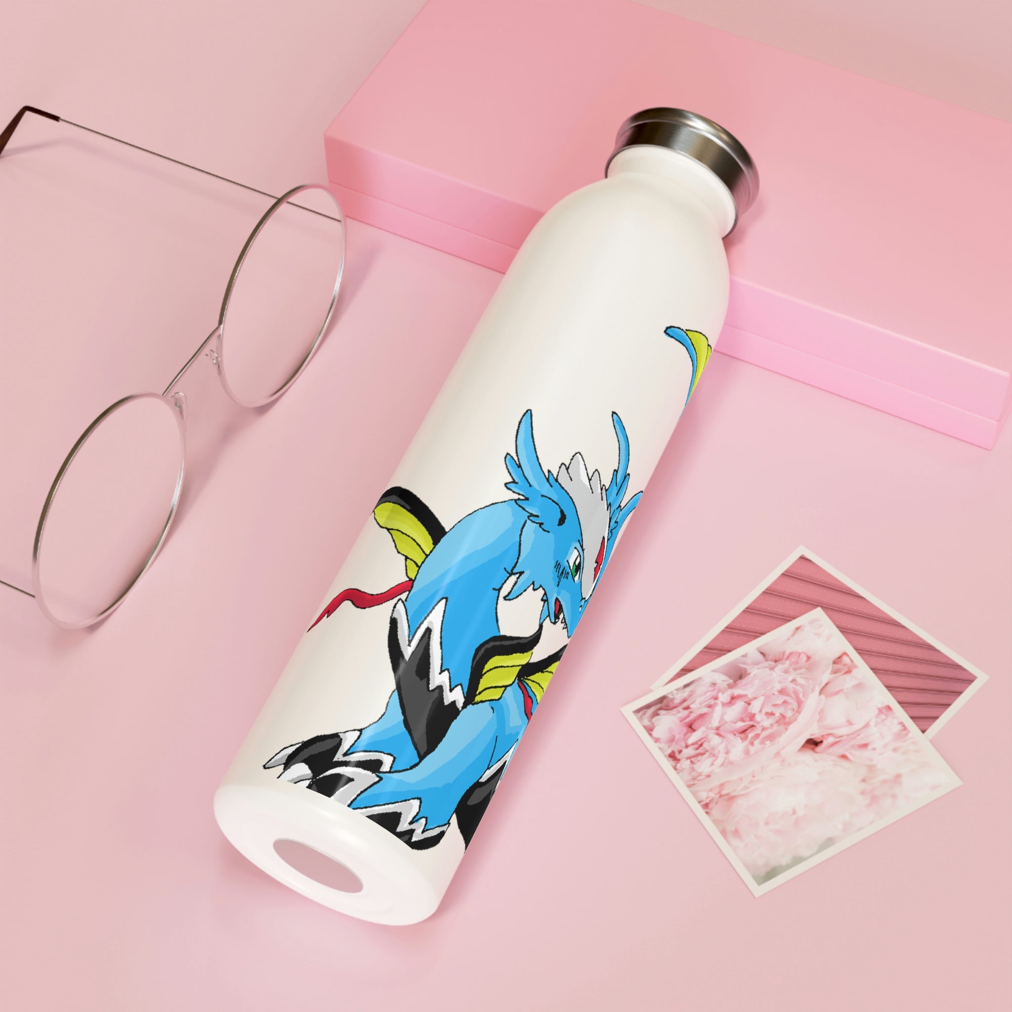 Dragonir Slim Water Bottle with matte finish and silver cap, showcasing vibrant custom designs.