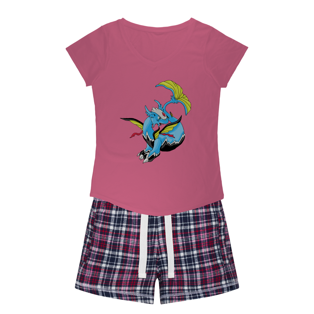 Dragonir Women's Sleepy Tee and Flannel Short set featuring a relaxed fit T-shirt and vibrant flannel shorts, perfect for cozy nights.