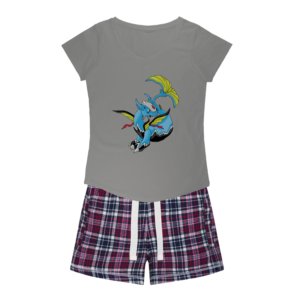 Dragonir Women's Sleepy Tee and Flannel Short set featuring a relaxed fit T-shirt and vibrant flannel shorts, perfect for cozy nights.