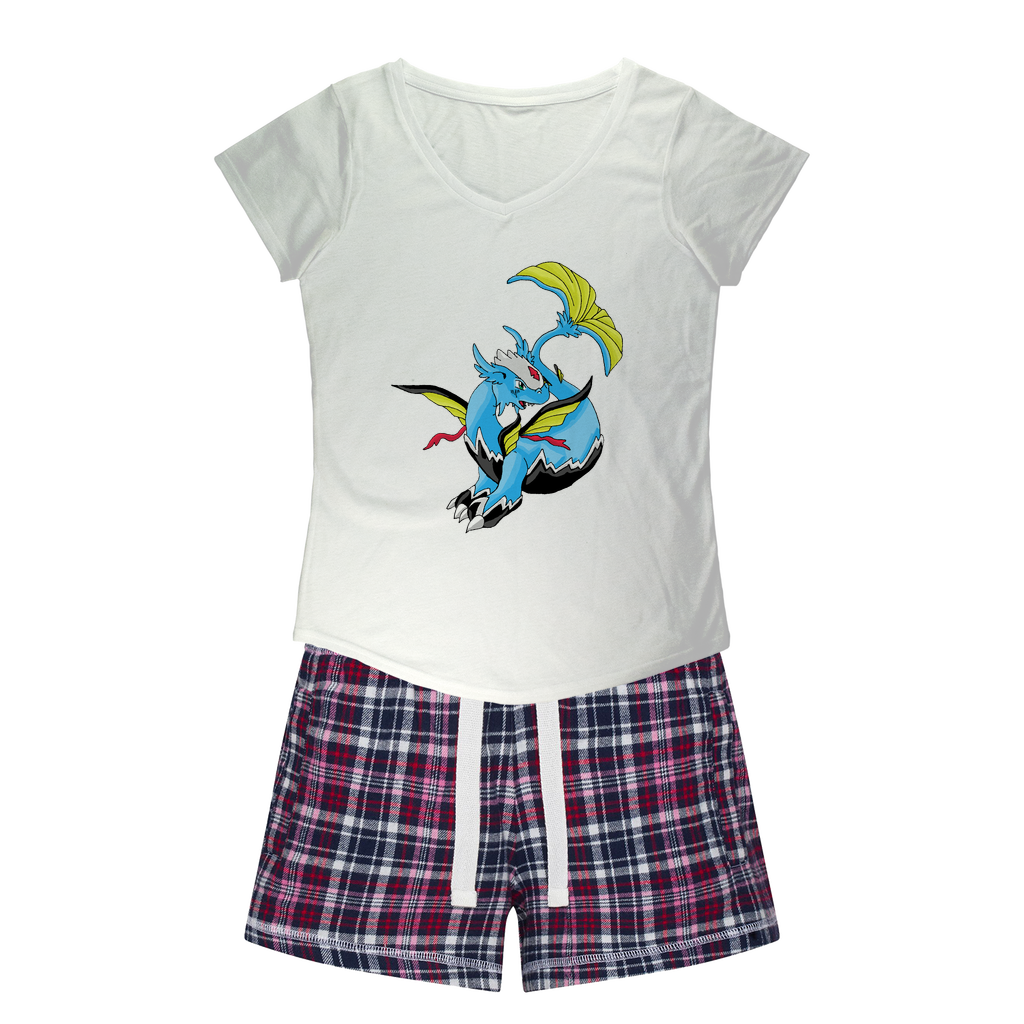 Dragonir Women's Sleepy Tee and Flannel Short set featuring a relaxed fit T-shirt and vibrant flannel shorts, perfect for cozy nights.