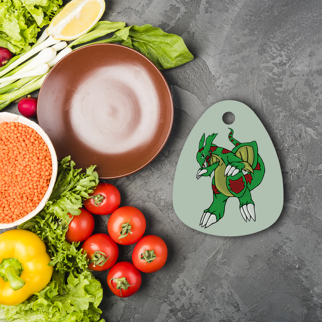 Draggor Sublimation Glass Cutting Board in water droplet shape, showcasing vibrant custom designs and toughened chinchilla glass material.