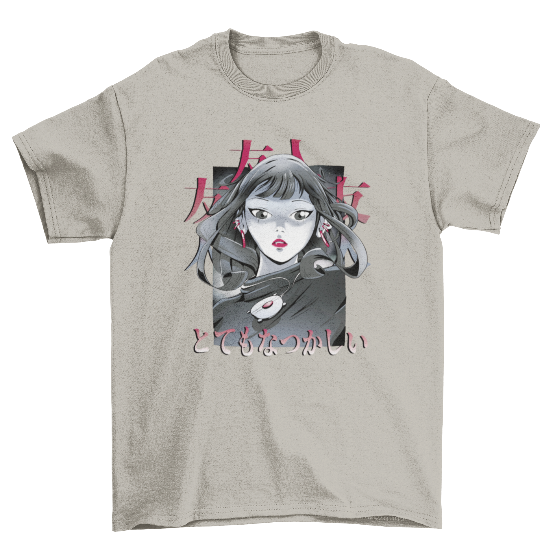 A stylish t-shirt featuring a dramatic anime girl with red earrings and necklace, perfect for anime fans.