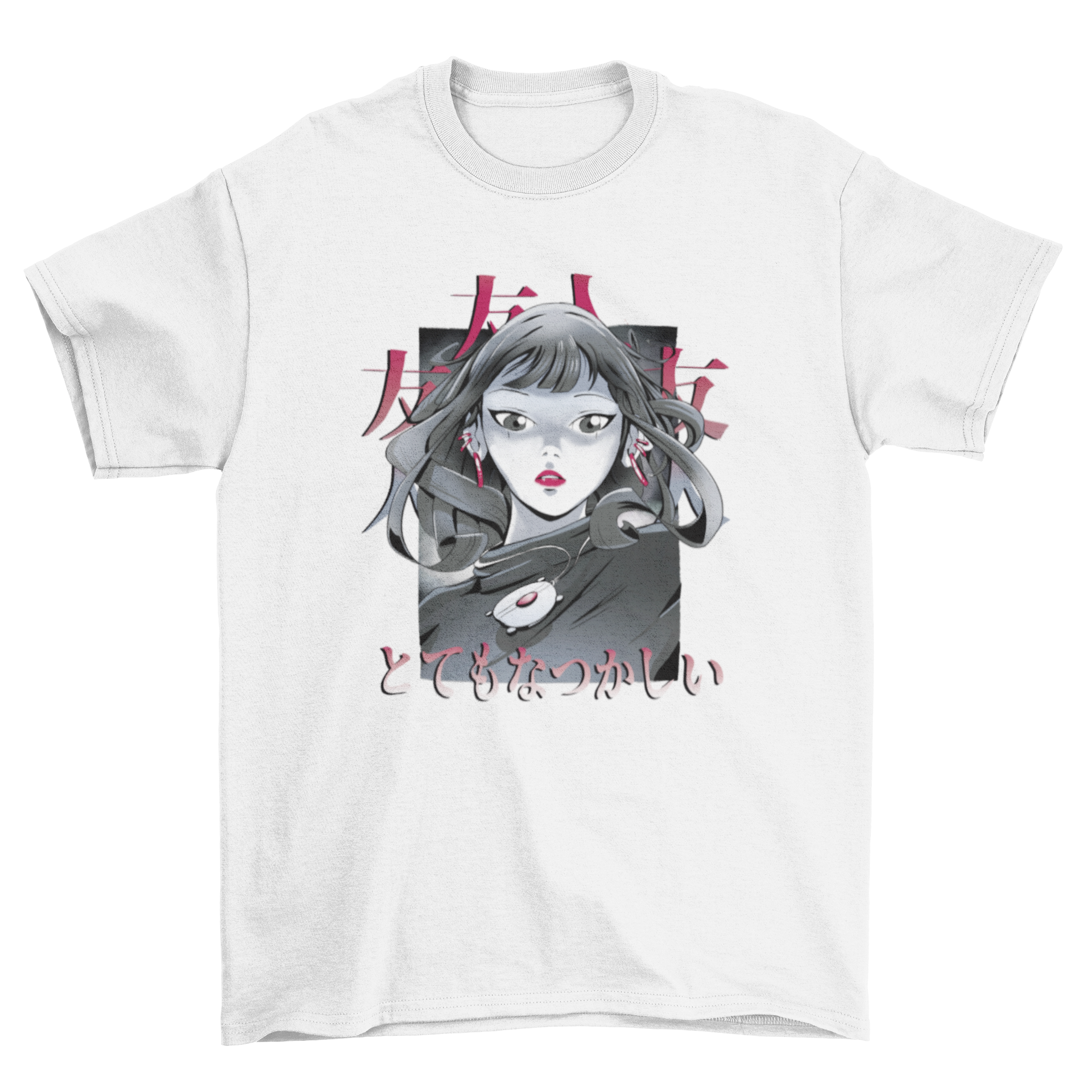 A stylish t-shirt featuring a dramatic anime girl with red earrings and necklace, perfect for anime fans.