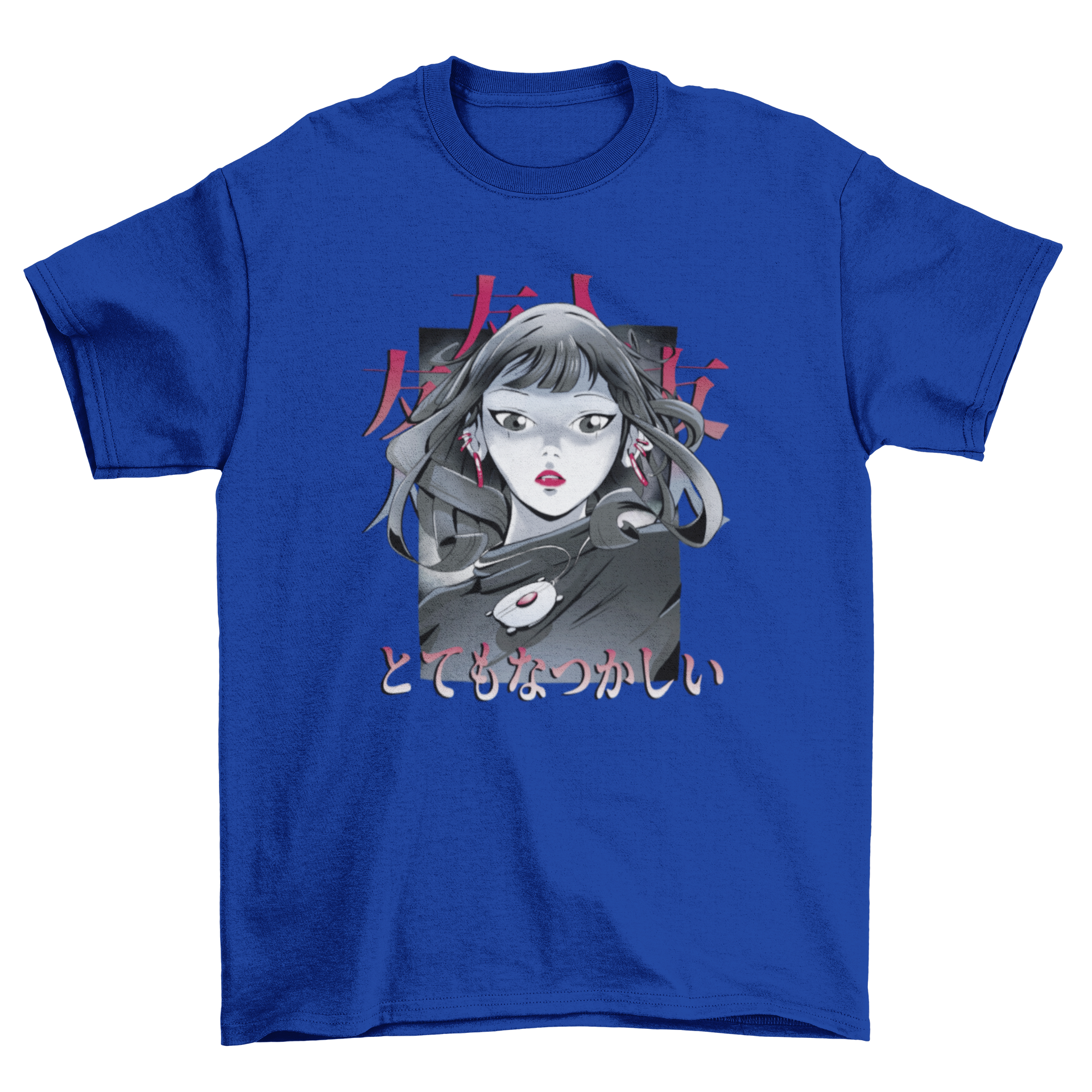 A stylish t-shirt featuring a dramatic anime girl with red earrings and necklace, perfect for anime fans.