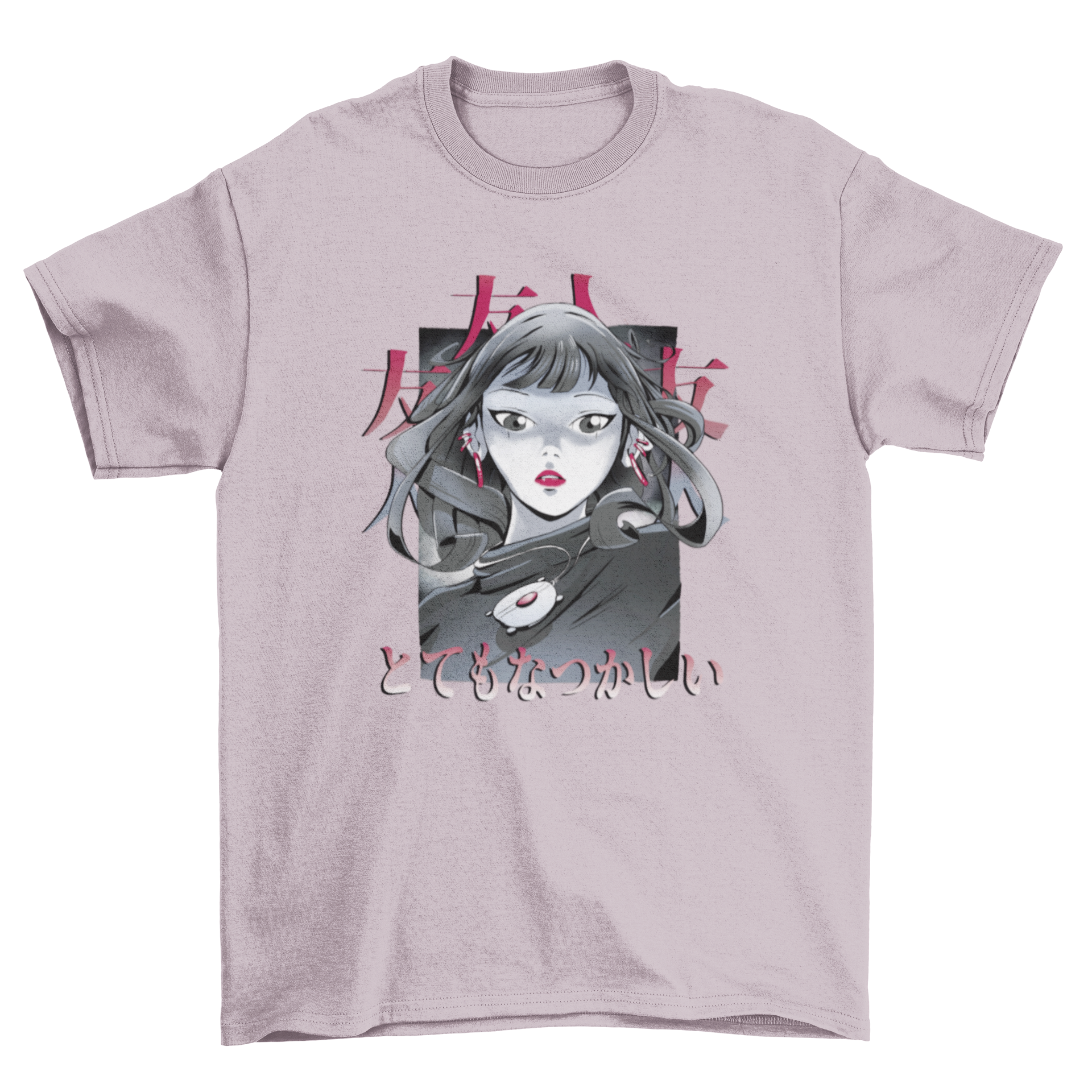 A stylish t-shirt featuring a dramatic anime girl with red earrings and necklace, perfect for anime fans.