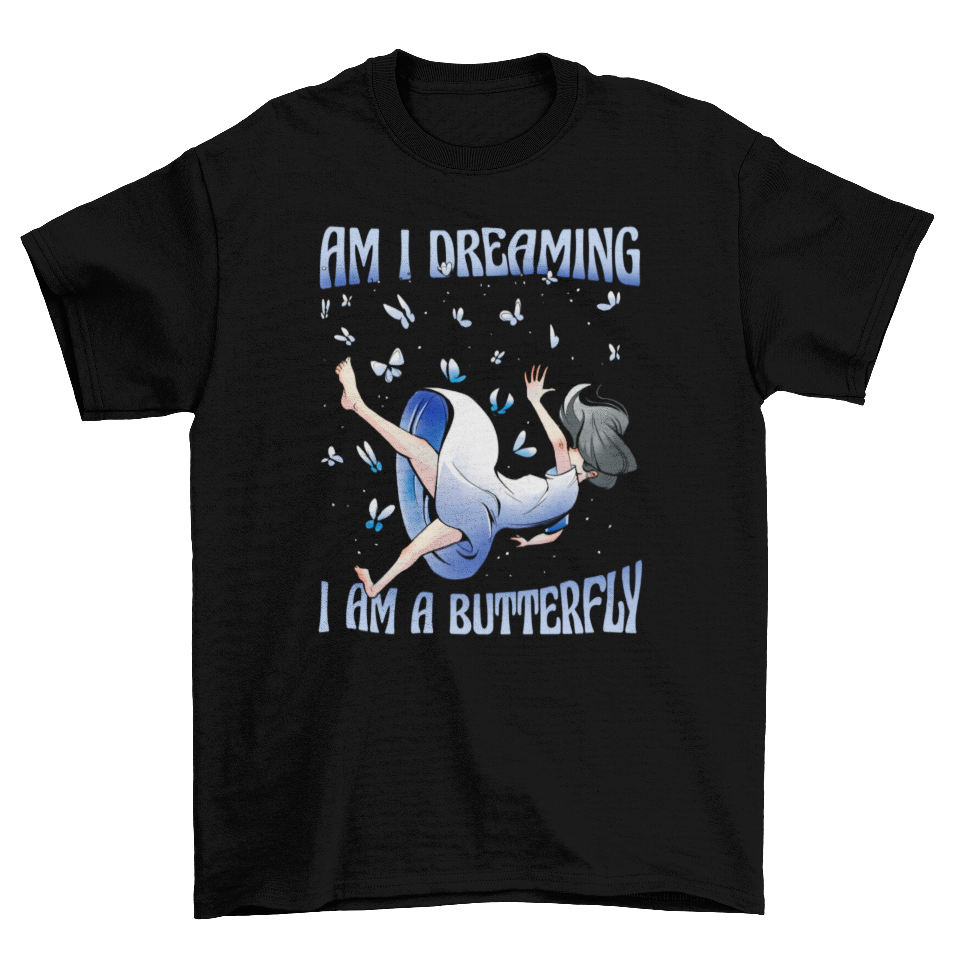 Dreaming Butterfly T-Shirt featuring a girl surrounded by colorful butterflies and an inspiring quote.