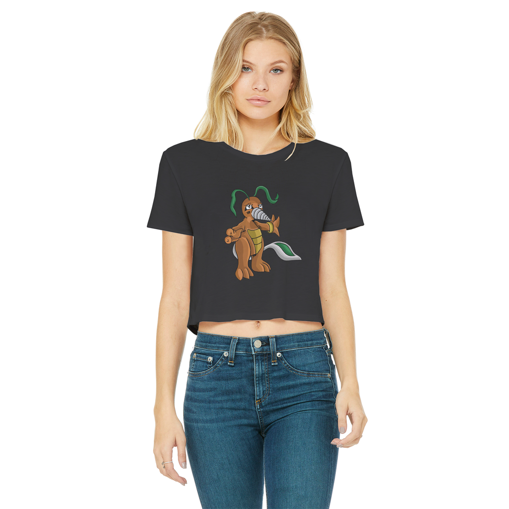 Drillbug Classic Women's Cropped Raw Edge T-Shirt in various colors, showcasing its round neck and raw edge hem.