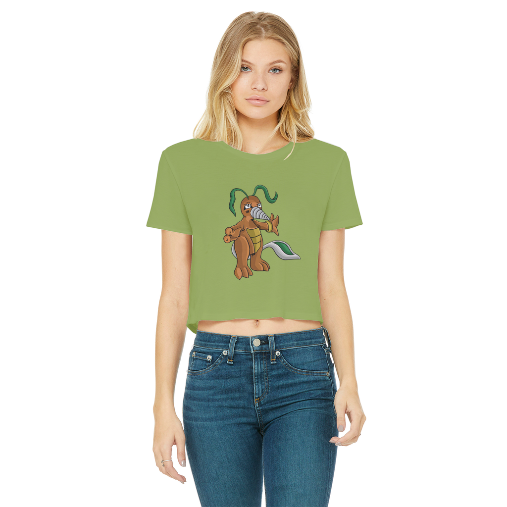 Drillbug Classic Women's Cropped Raw Edge T-Shirt in various colors, showcasing its round neck and raw edge hem.