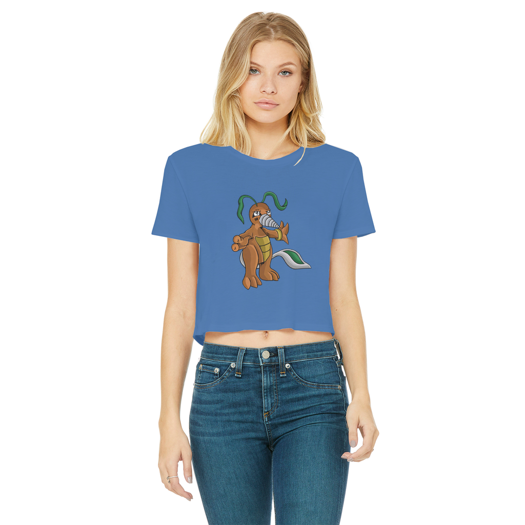 Drillbug Classic Women's Cropped Raw Edge T-Shirt in various colors, showcasing its round neck and raw edge hem.