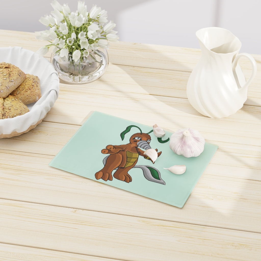 Drillbug Cutting Board made of tempered glass with rubber dots for stability, showcasing a personalized design.