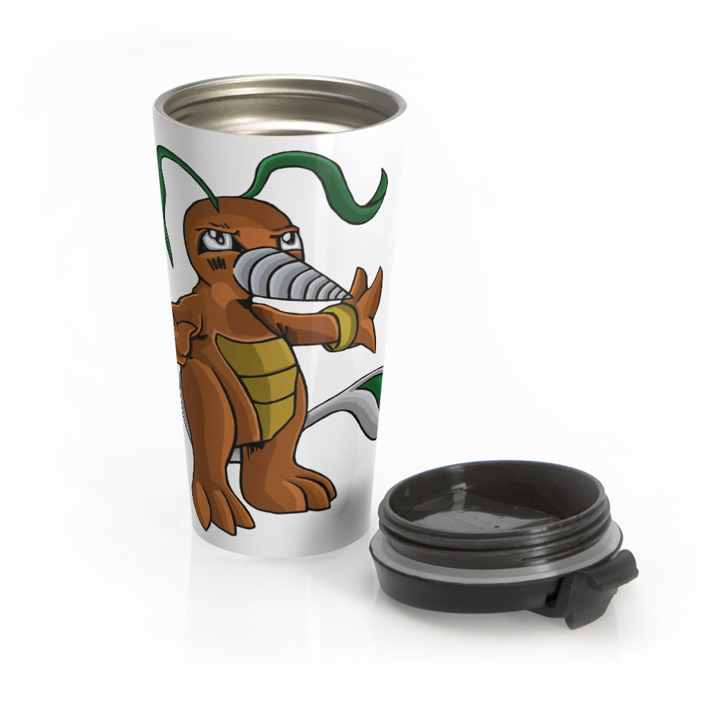 Drillbug Stainless Steel Travel Mug with black lid, showcasing its sleek design and high-quality finish.