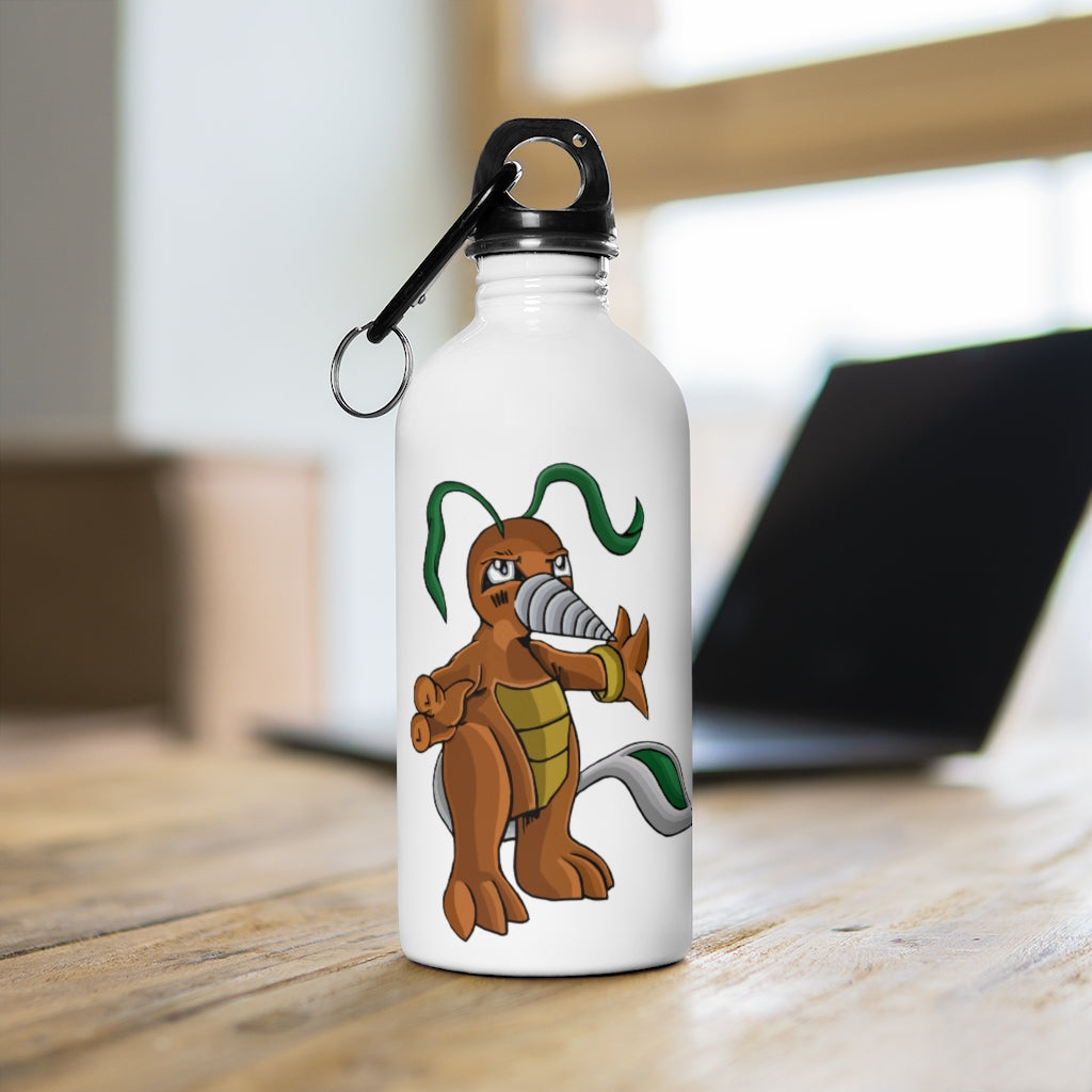 Drillbug Stainless Steel Water Bottle with a plastic screw top and carabiner, showcasing its sleek design and vibrant print.