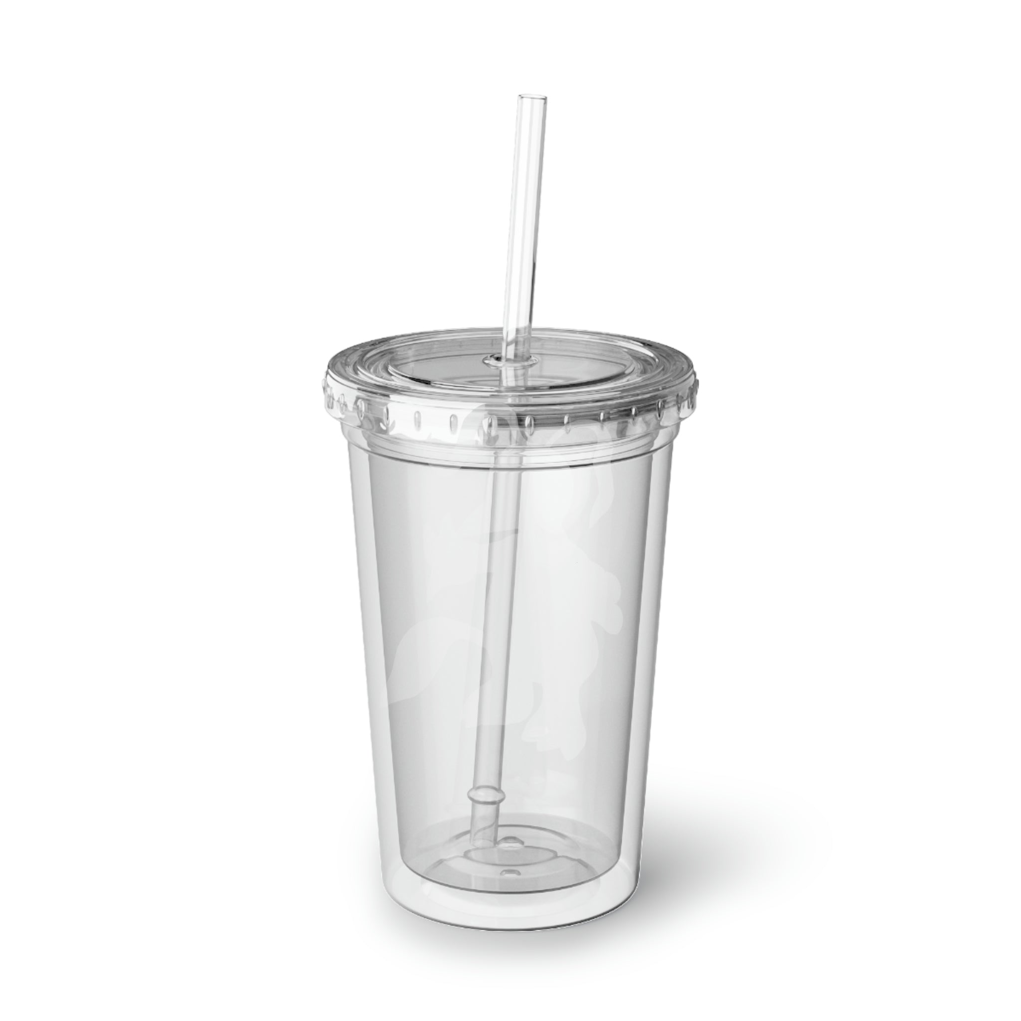 Drillbug Suave Acrylic Cup in stainless steel with a black plastic straw, showcasing a customizable design.