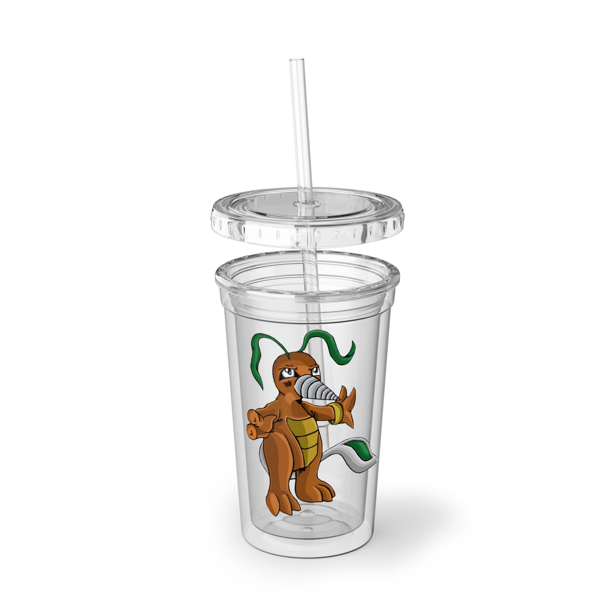 Drillbug Suave Acrylic Cup in stainless steel with a black plastic straw, showcasing a customizable design.