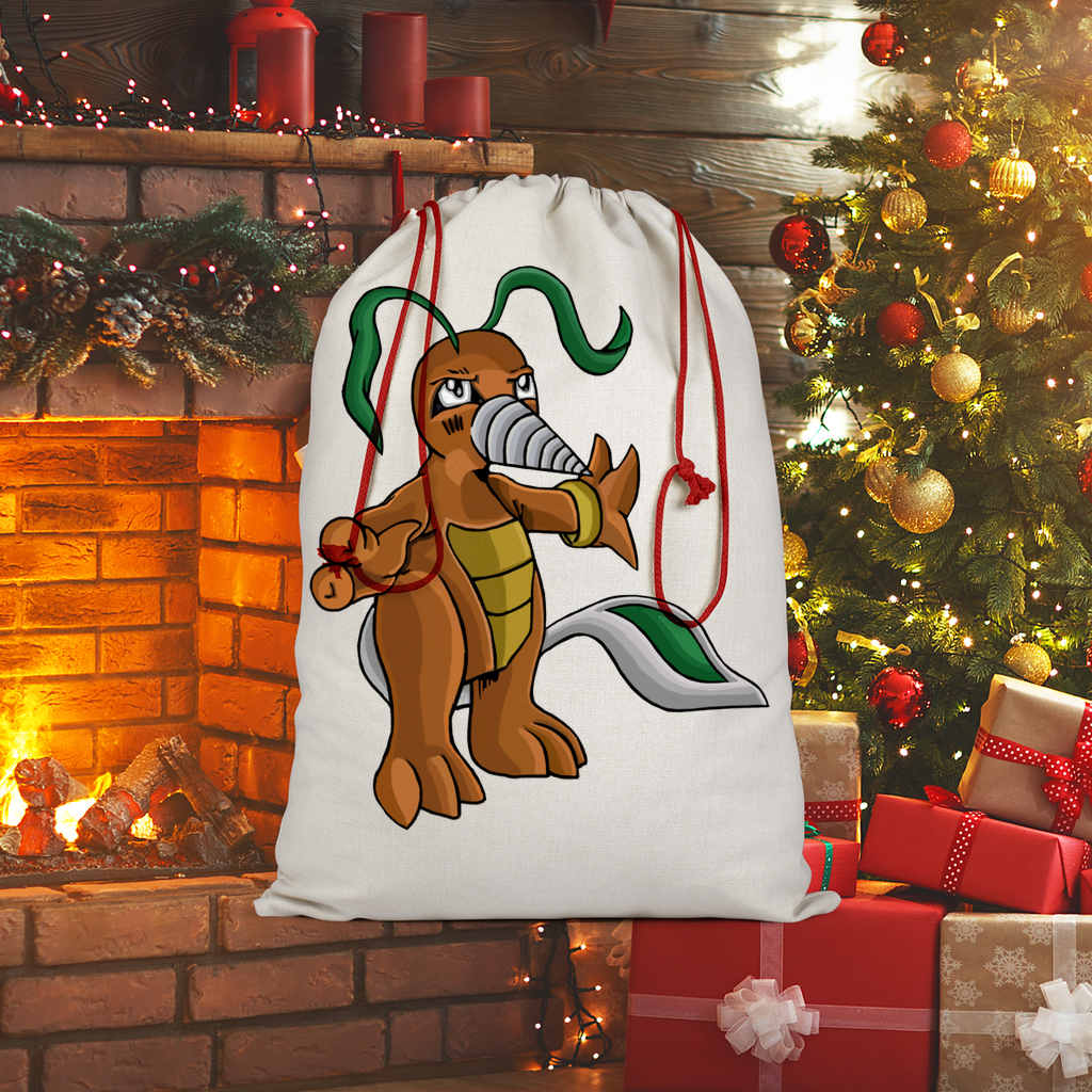 Drillbug Sublimation Linen Drawstring Sack with red drawstring, featuring eco-friendly printed design, ideal for Christmas gifts and laundry.