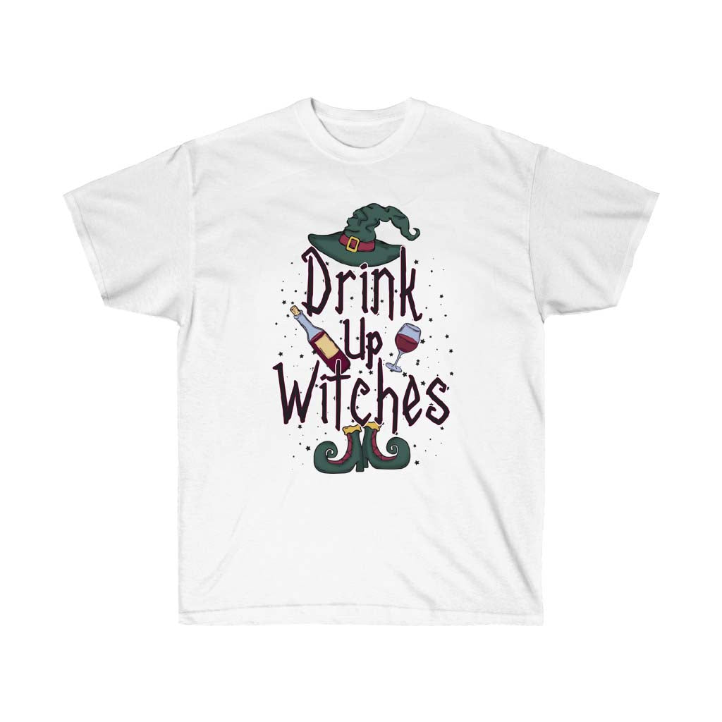 A black unisex t-shirt featuring the phrase 'Drink up Witches' in vibrant vinyl print, perfect for Halloween celebrations.