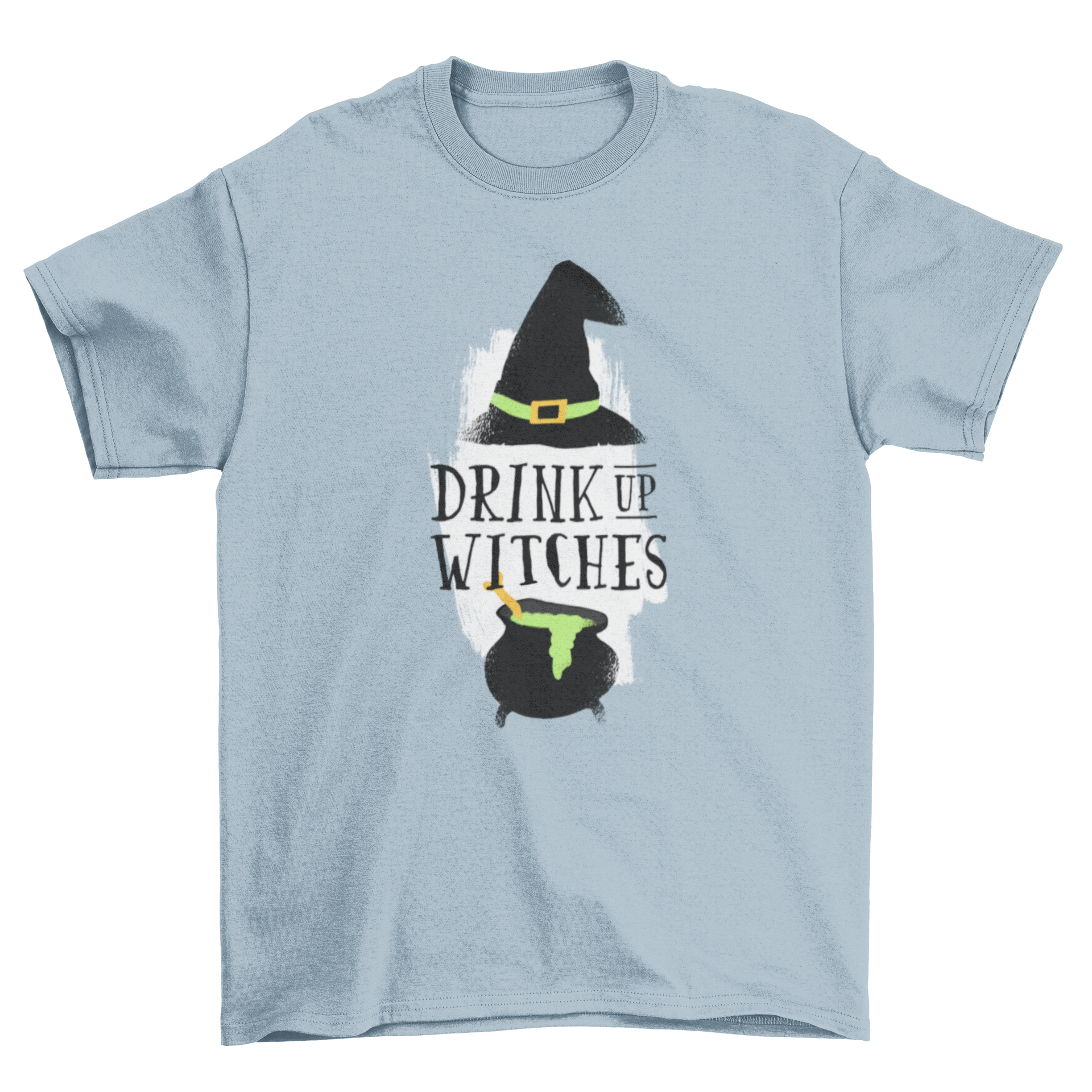 A fun Halloween t-shirt featuring a witch hat and cauldron with green gruel, captioned 'Drink Up Witches' on a white paint brush background.