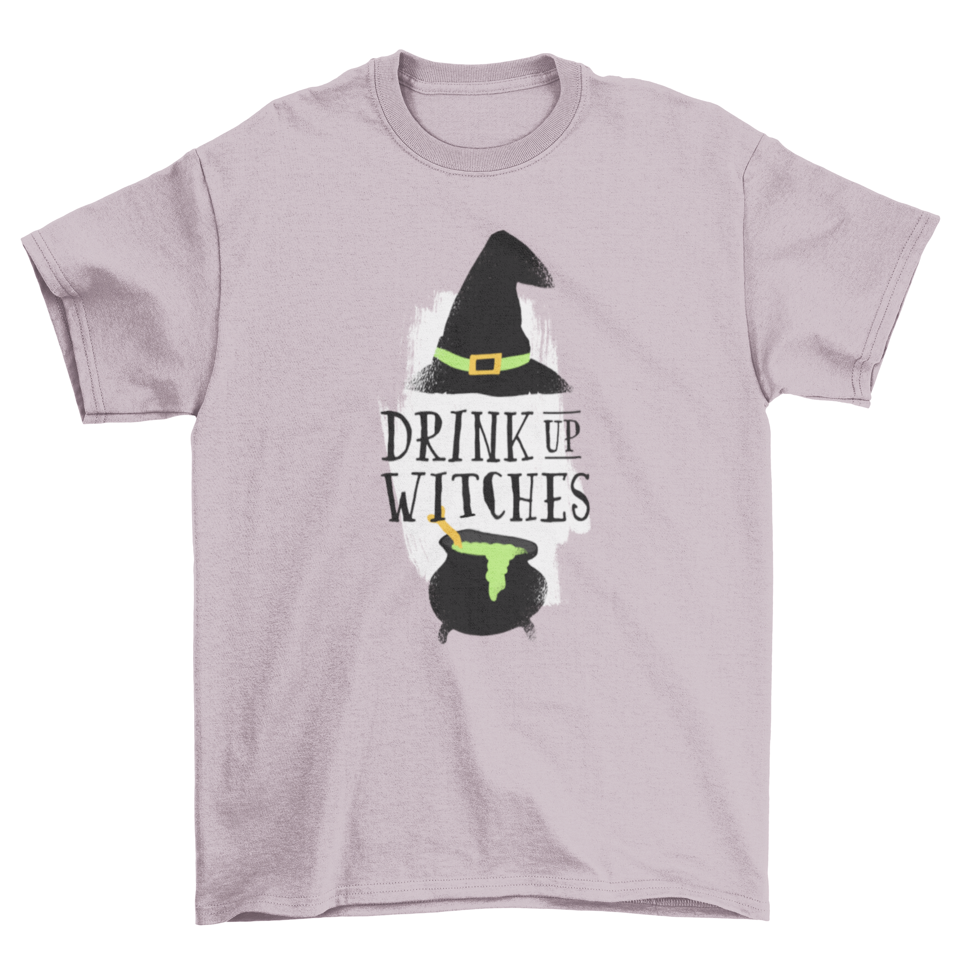 A fun Halloween t-shirt featuring a witch hat and cauldron with green gruel, captioned 'Drink Up Witches' on a white paint brush background.