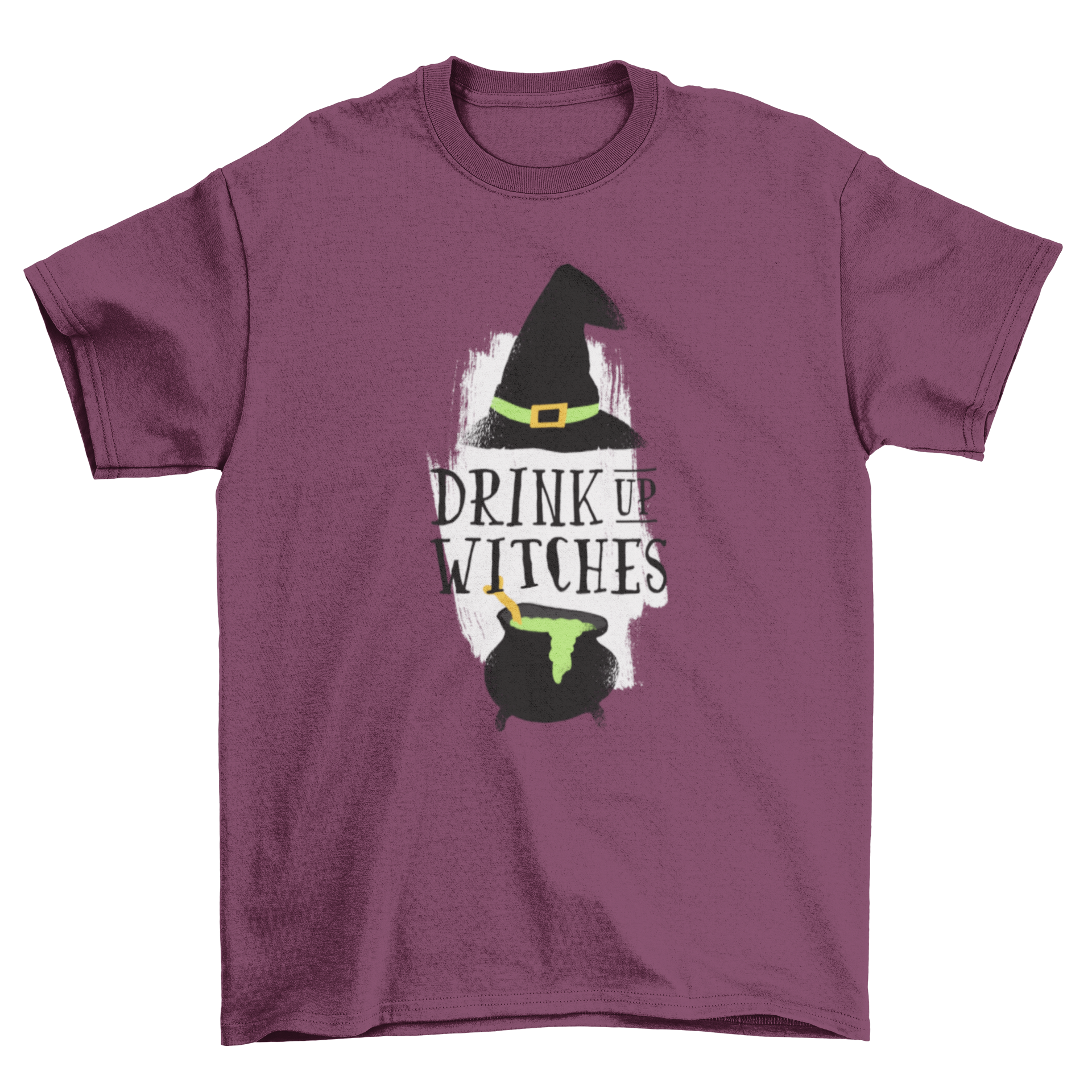 A fun Halloween t-shirt featuring a witch hat and cauldron with green gruel, captioned 'Drink Up Witches' on a white paint brush background.