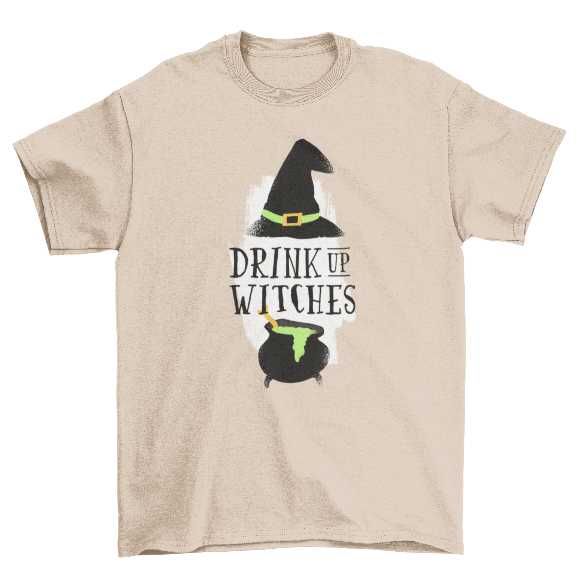 A fun Halloween t-shirt featuring a witch hat and cauldron with green gruel, captioned 'Drink Up Witches' on a white paint brush background.