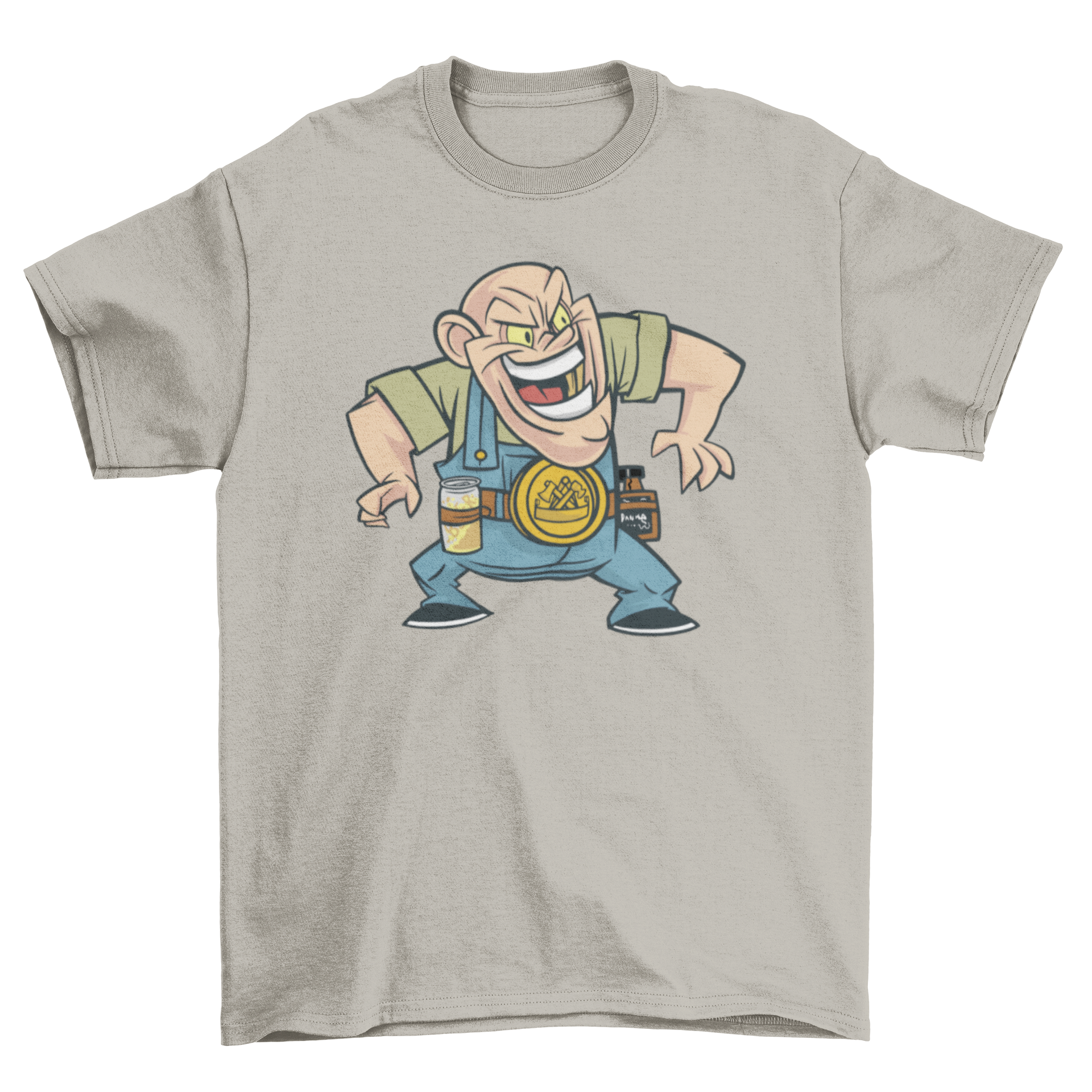 Drinking Carpenter T-Shirt featuring a man in carpenter attire with beer and whiskey on his belt.