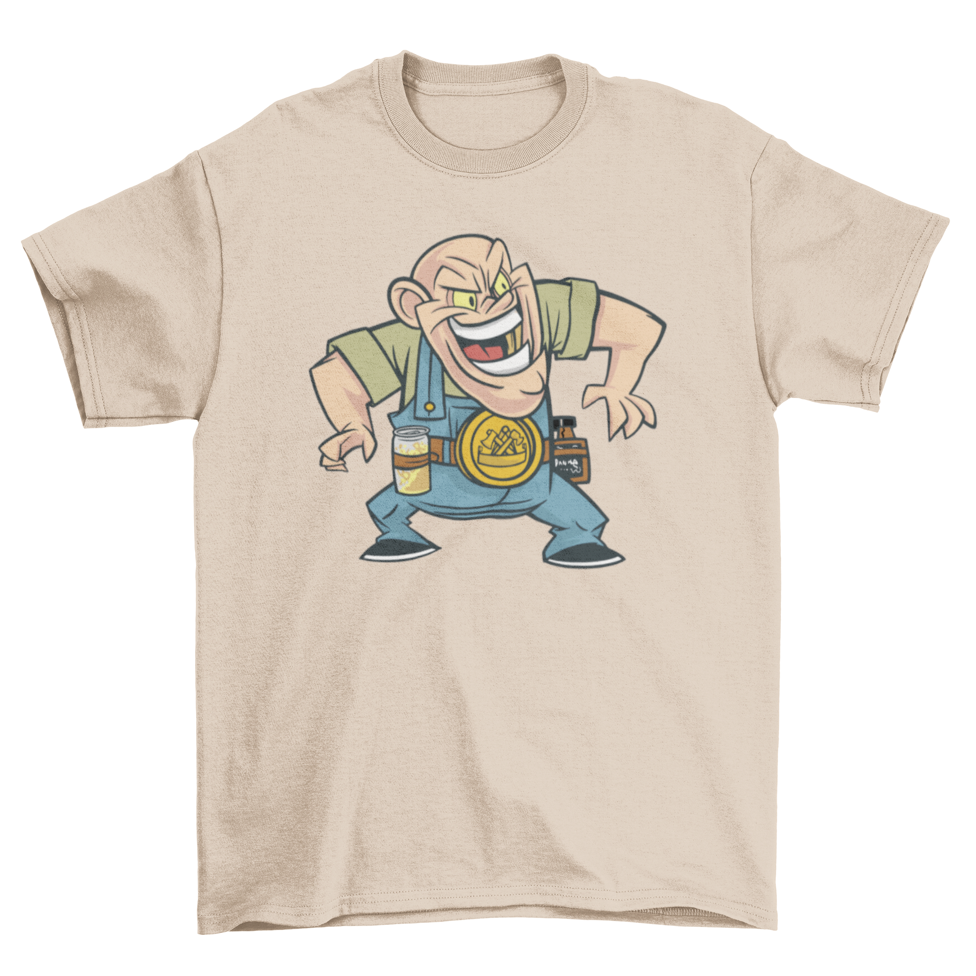 Drinking Carpenter T-Shirt featuring a man in carpenter attire with beer and whiskey on his belt.