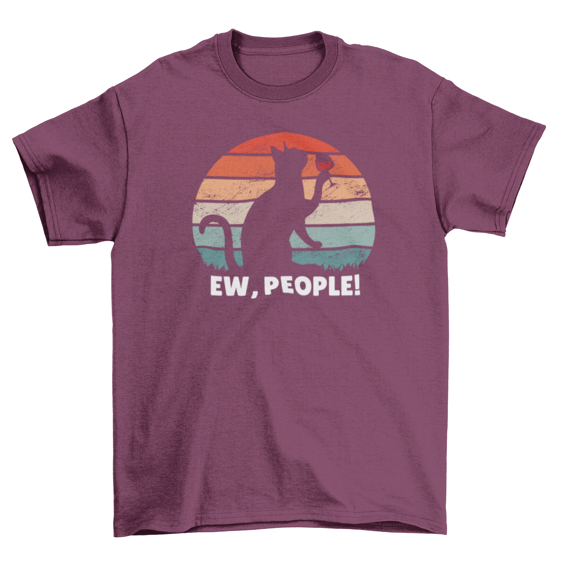 A stylish t-shirt featuring a silhouette of a cat drinking wine against a retro sunset background with the caption 'Ew people'.