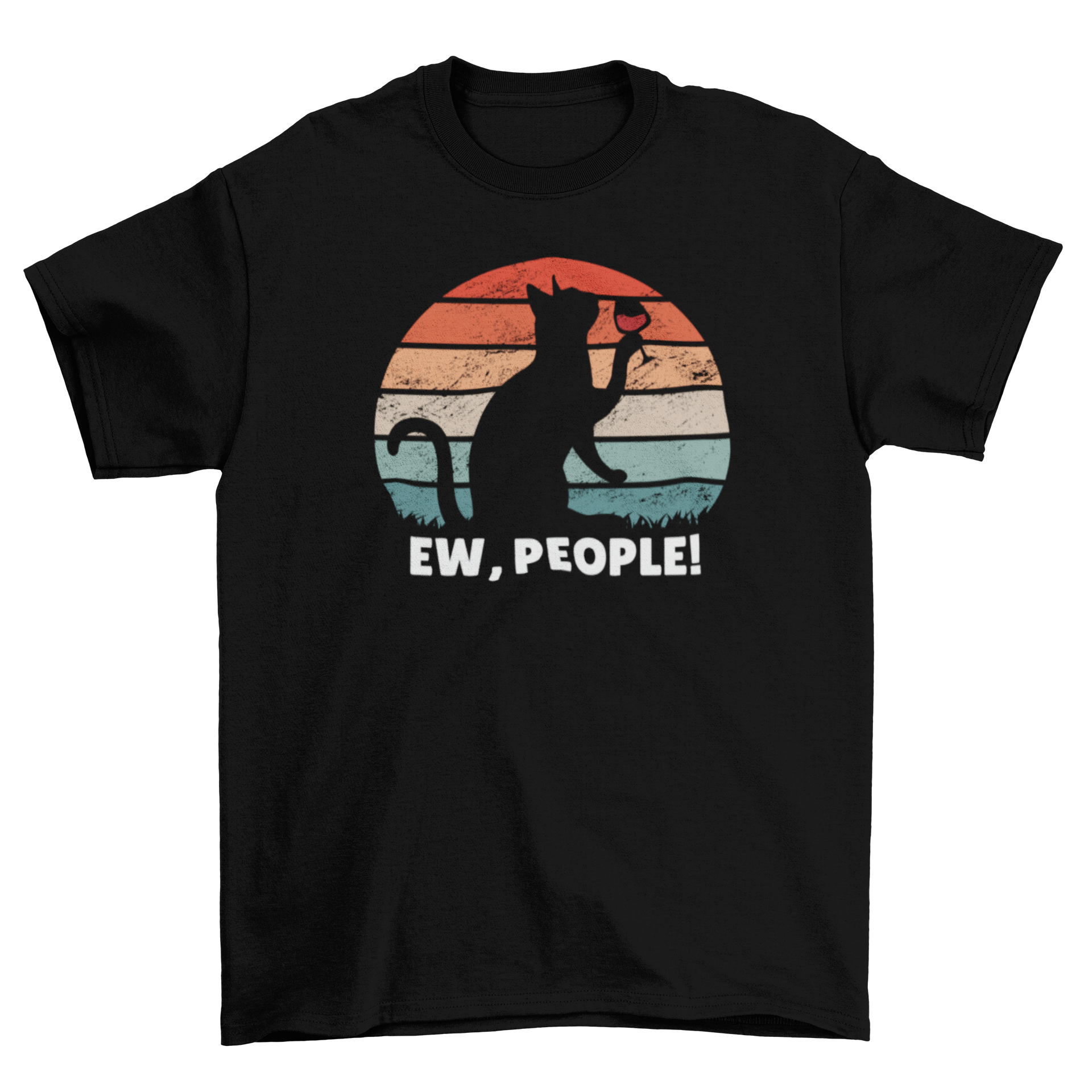 A stylish t-shirt featuring a silhouette of a cat drinking wine against a retro sunset background with the caption 'Ew people'.