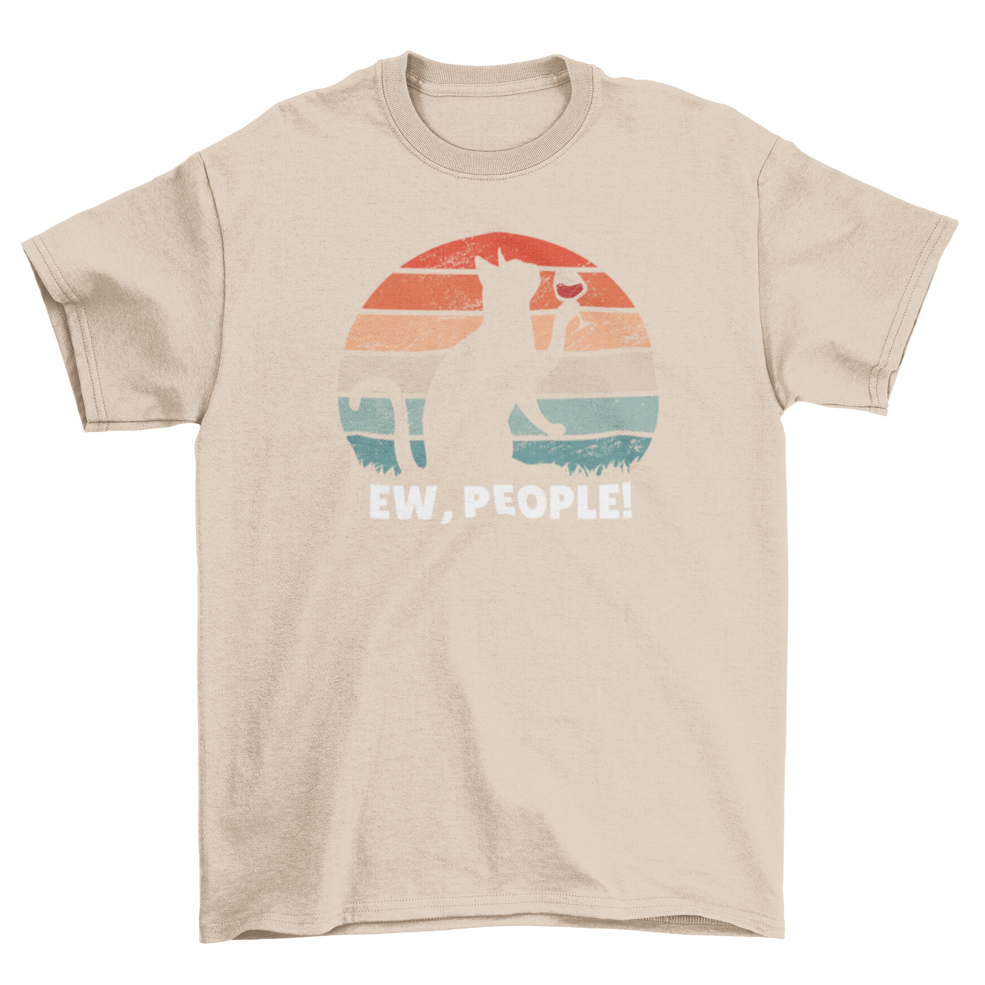 A stylish t-shirt featuring a silhouette of a cat drinking wine against a retro sunset background with the caption 'Ew people'.