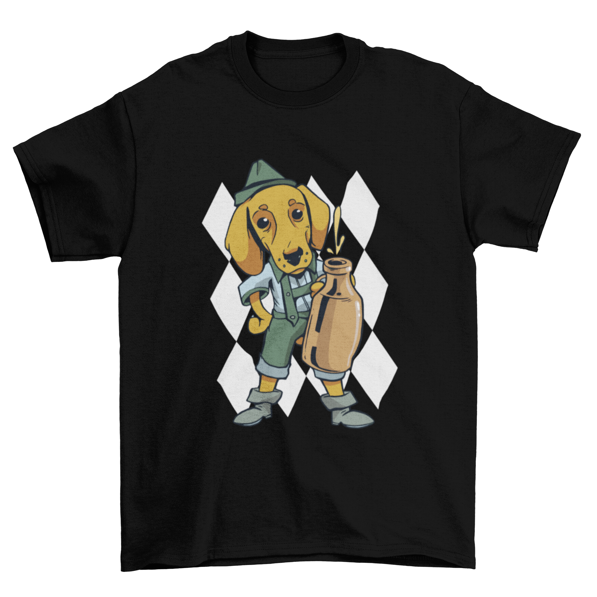 A playful dachshund dog wearing traditional Bavarian clothing and holding a beer, featured on a stylish t-shirt.