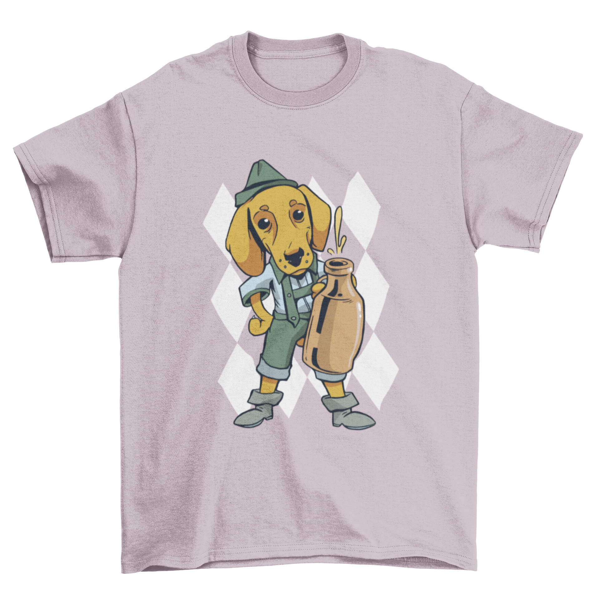 A playful dachshund dog wearing traditional Bavarian clothing and holding a beer, featured on a stylish t-shirt.