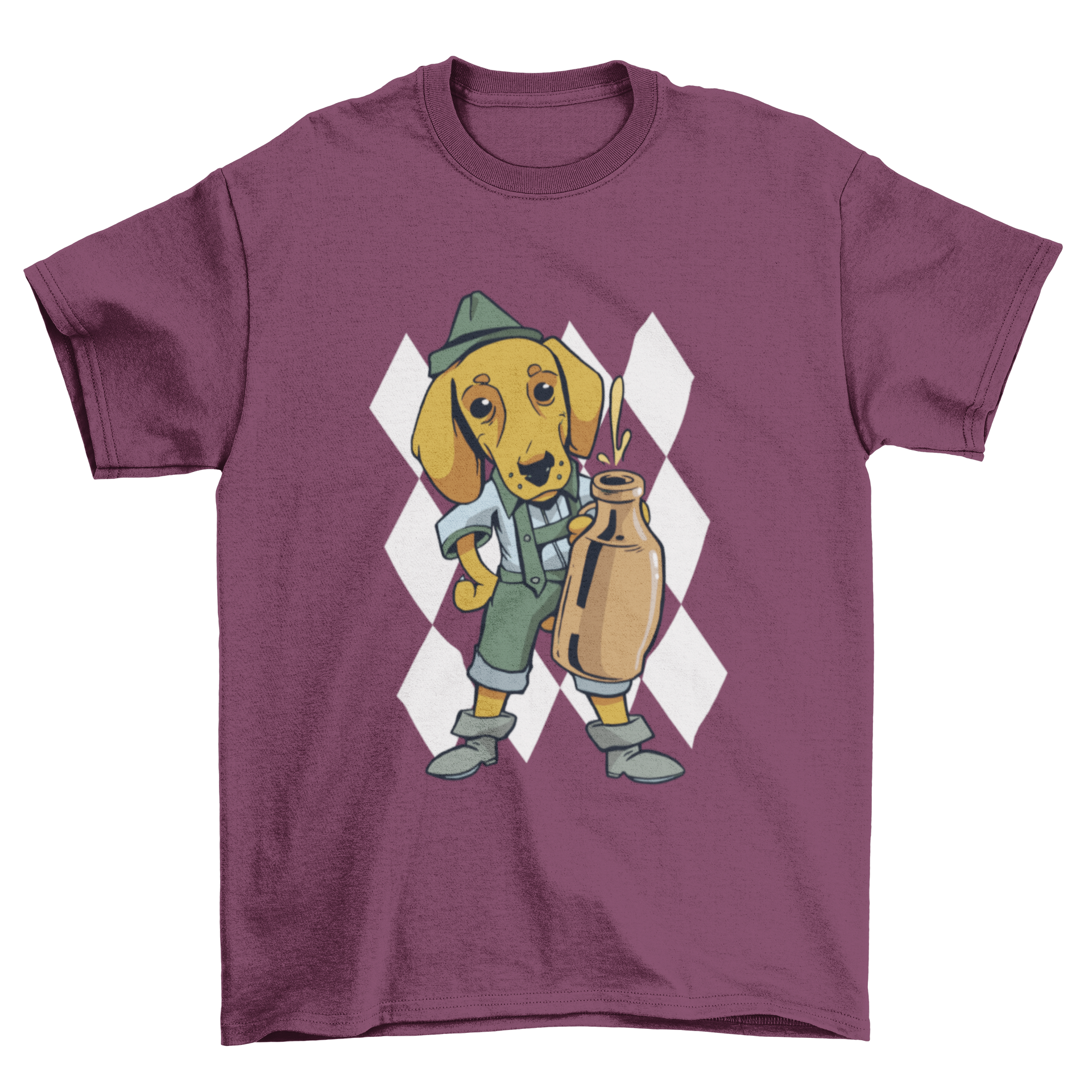 A playful dachshund dog wearing traditional Bavarian clothing and holding a beer, featured on a stylish t-shirt.