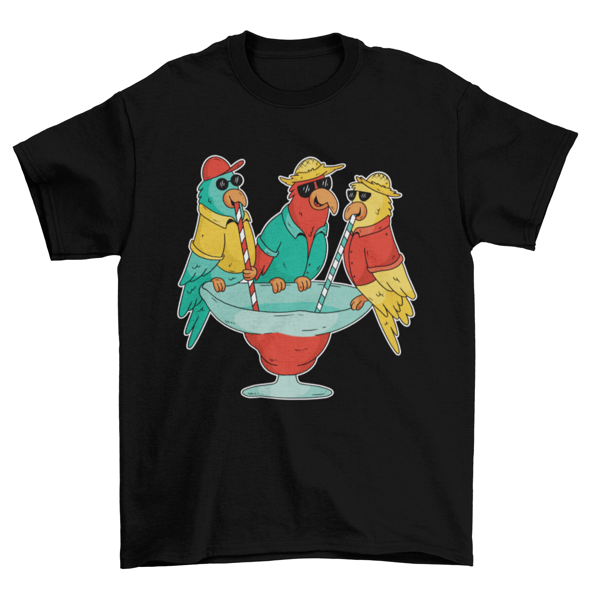 A colorful T-shirt featuring three parrots on holiday, each drinking from a cocktail glass, showcasing a vibrant and fun design.