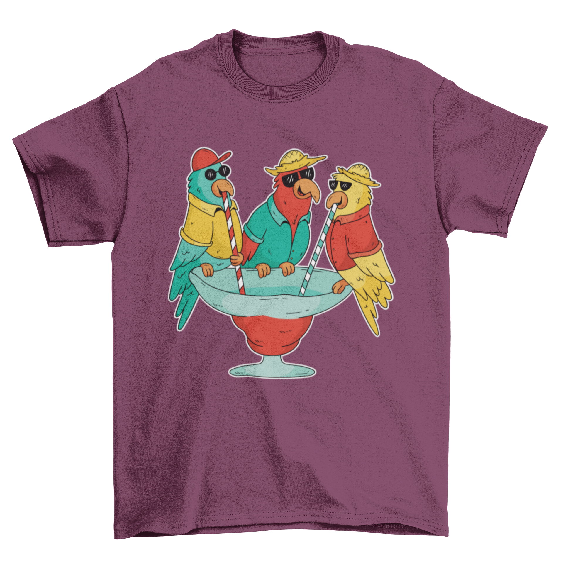 A colorful T-shirt featuring three parrots on holiday, each drinking from a cocktail glass, showcasing a vibrant and fun design.