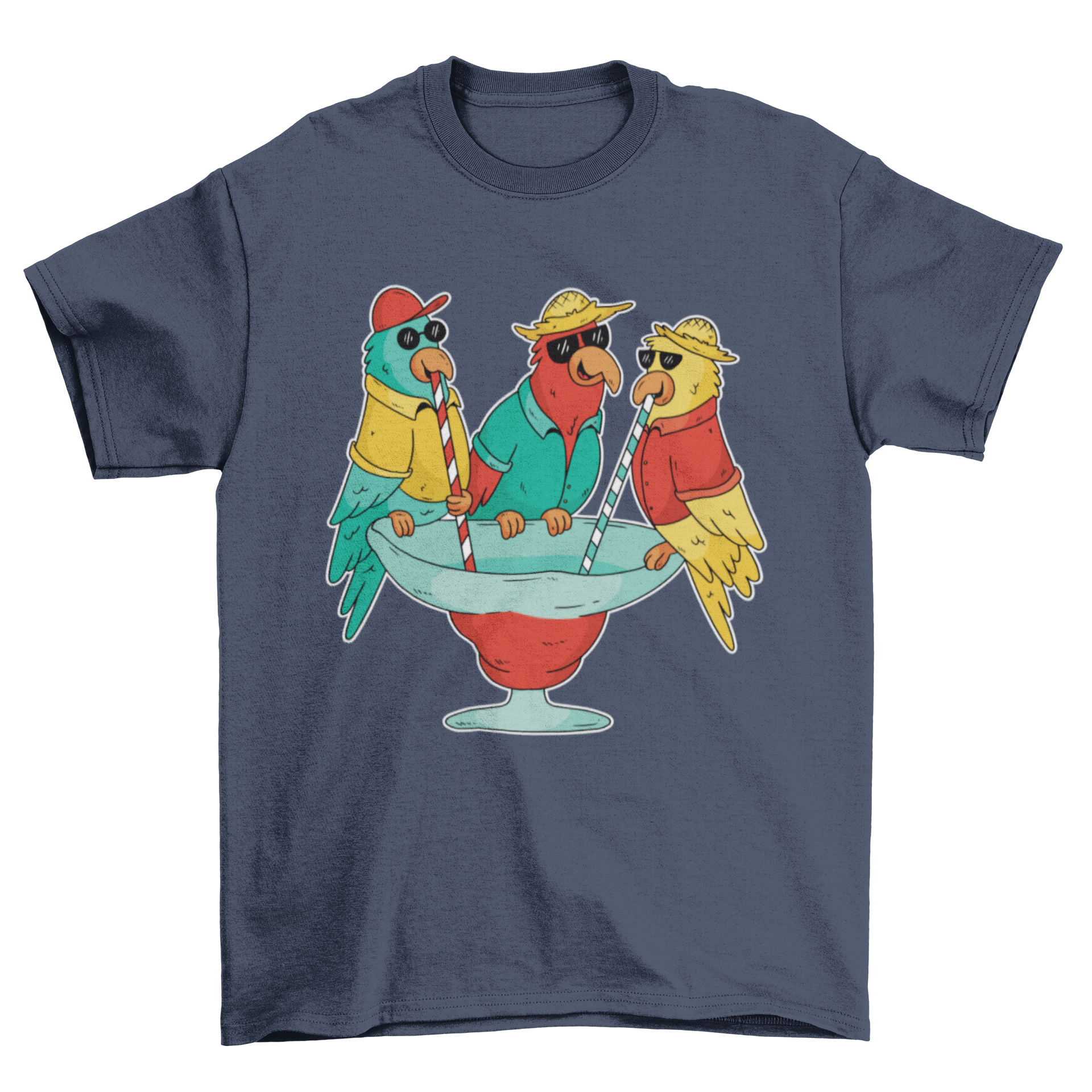 A colorful T-shirt featuring three parrots on holiday, each drinking from a cocktail glass, showcasing a vibrant and fun design.