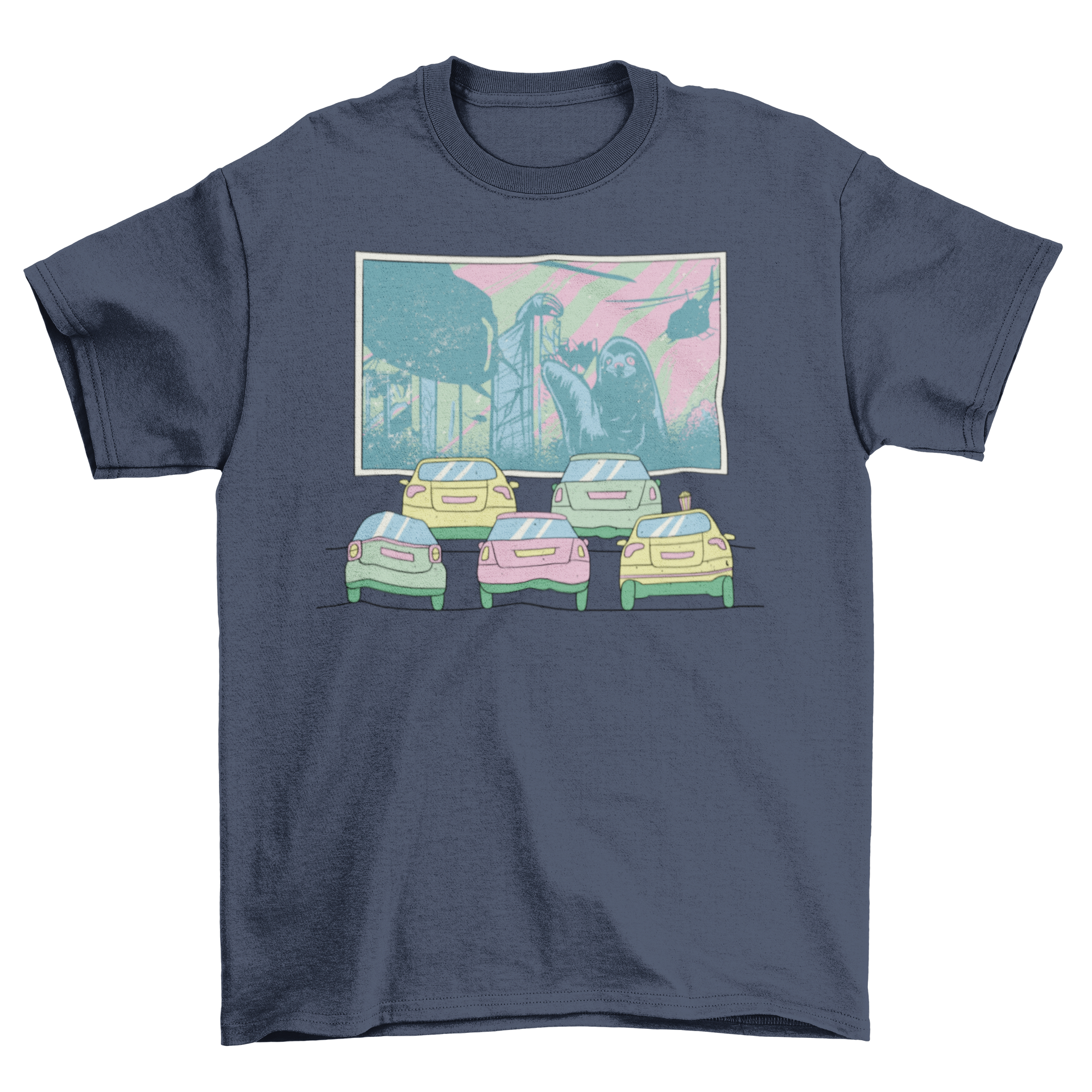 Drive-by Cinema T-shirt design featuring a vintage cinema playing a monster film, showcasing vibrant colors and unique graphics.