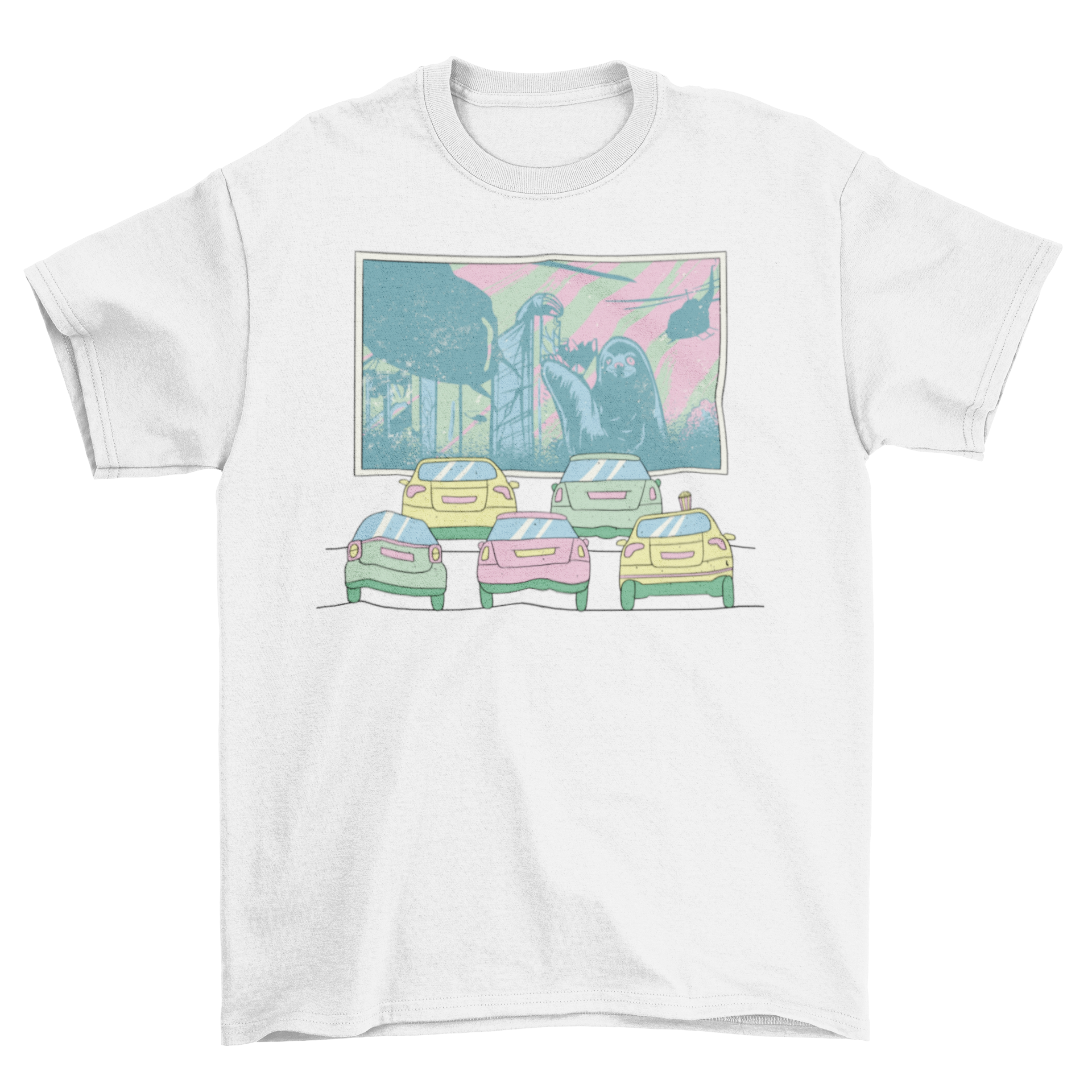 Drive-by Cinema T-shirt design featuring a vintage cinema playing a monster film, showcasing vibrant colors and unique graphics.