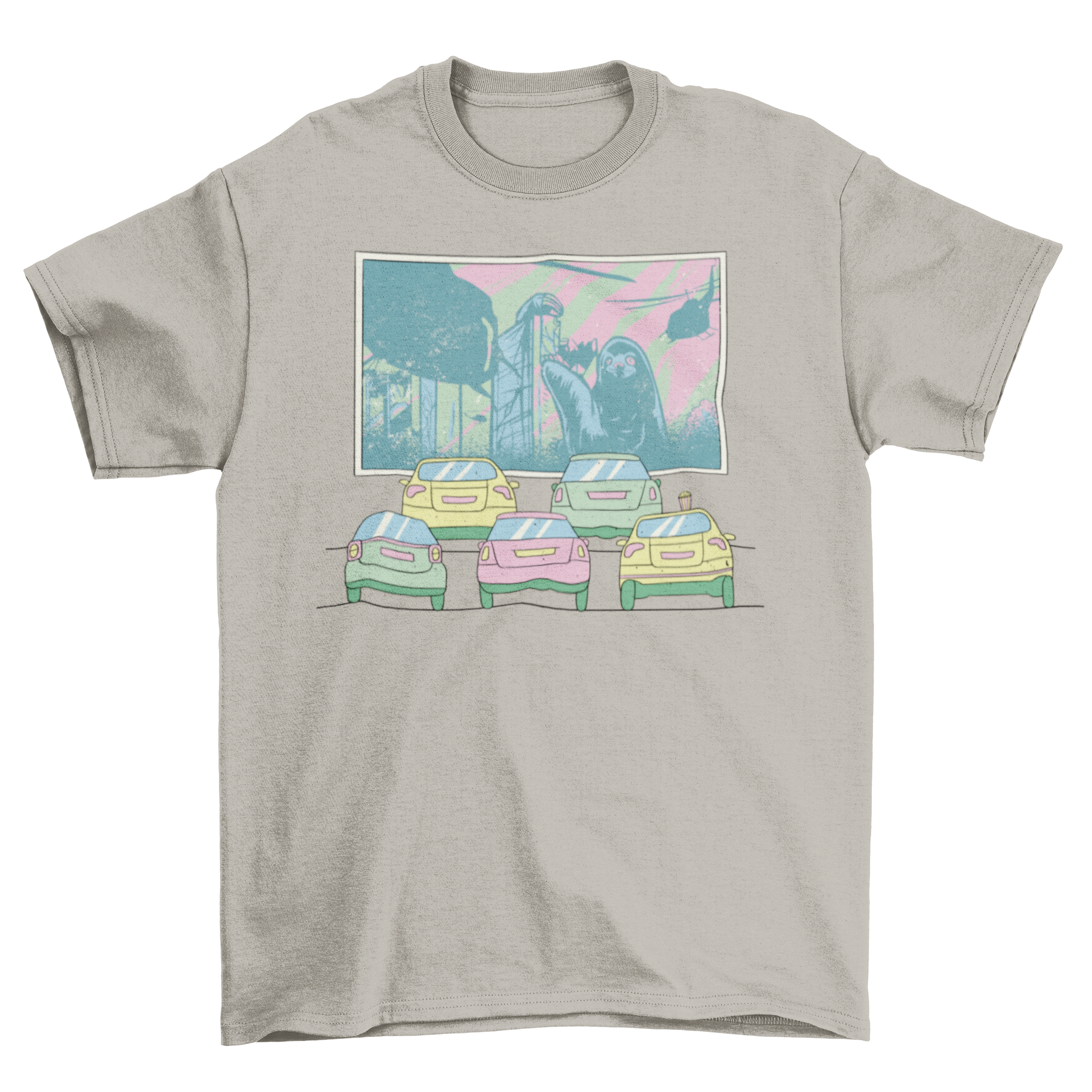 Drive-by Cinema T-shirt design featuring a vintage cinema playing a monster film, showcasing vibrant colors and unique graphics.