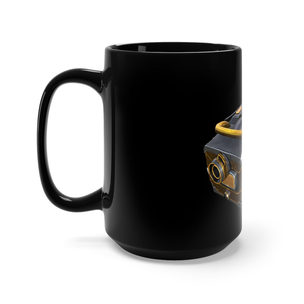 A sleek black ceramic mug with a C-handle, featuring a stylish design and a generous 15 oz capacity, perfect for coffee and tea lovers.