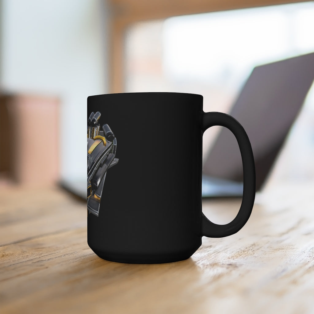 A sleek black ceramic mug with a C-handle, featuring a stylish design and a generous 15 oz capacity, perfect for coffee and tea lovers.