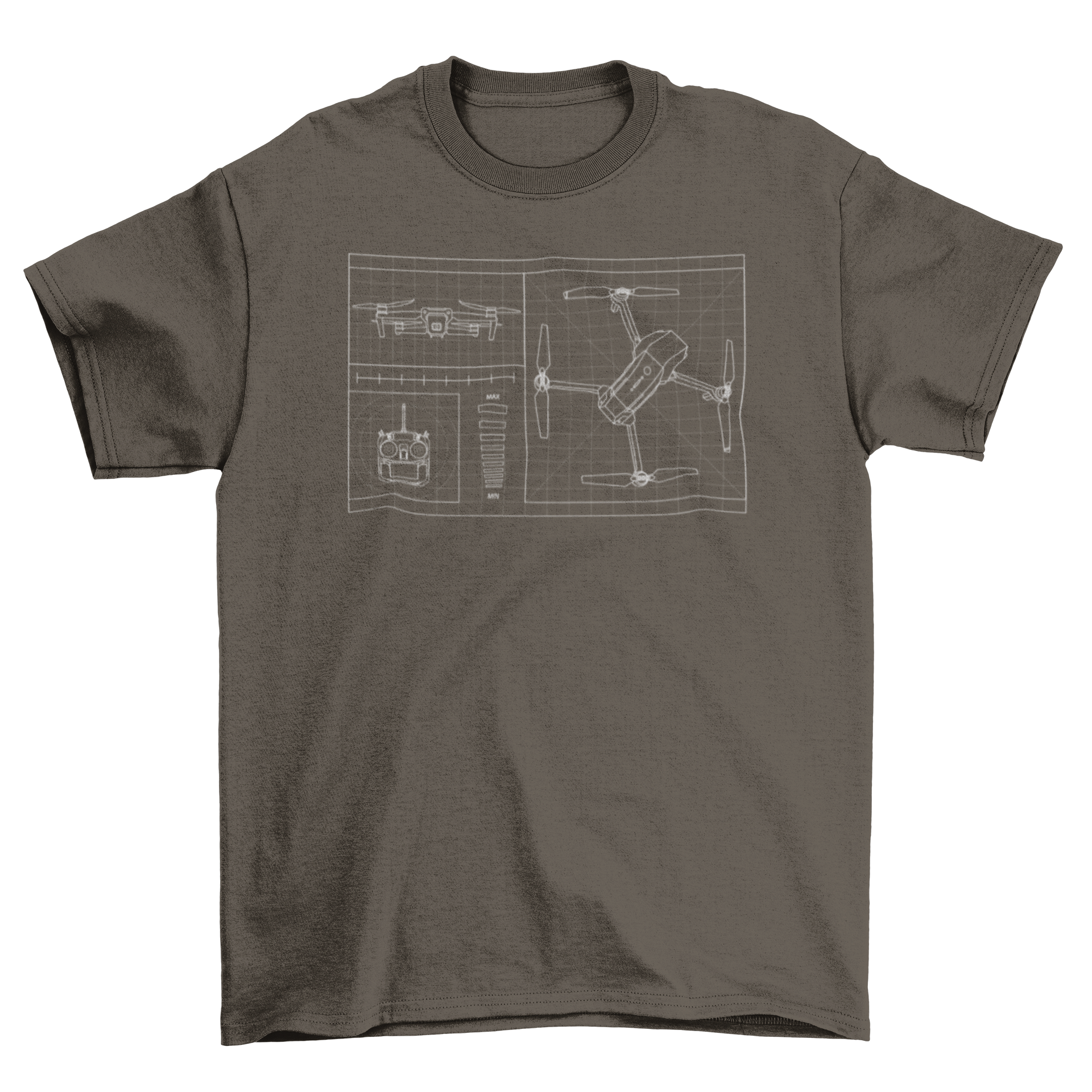 Drone blueprint t-shirt featuring intricate design of a drone's components on a soft fabric.