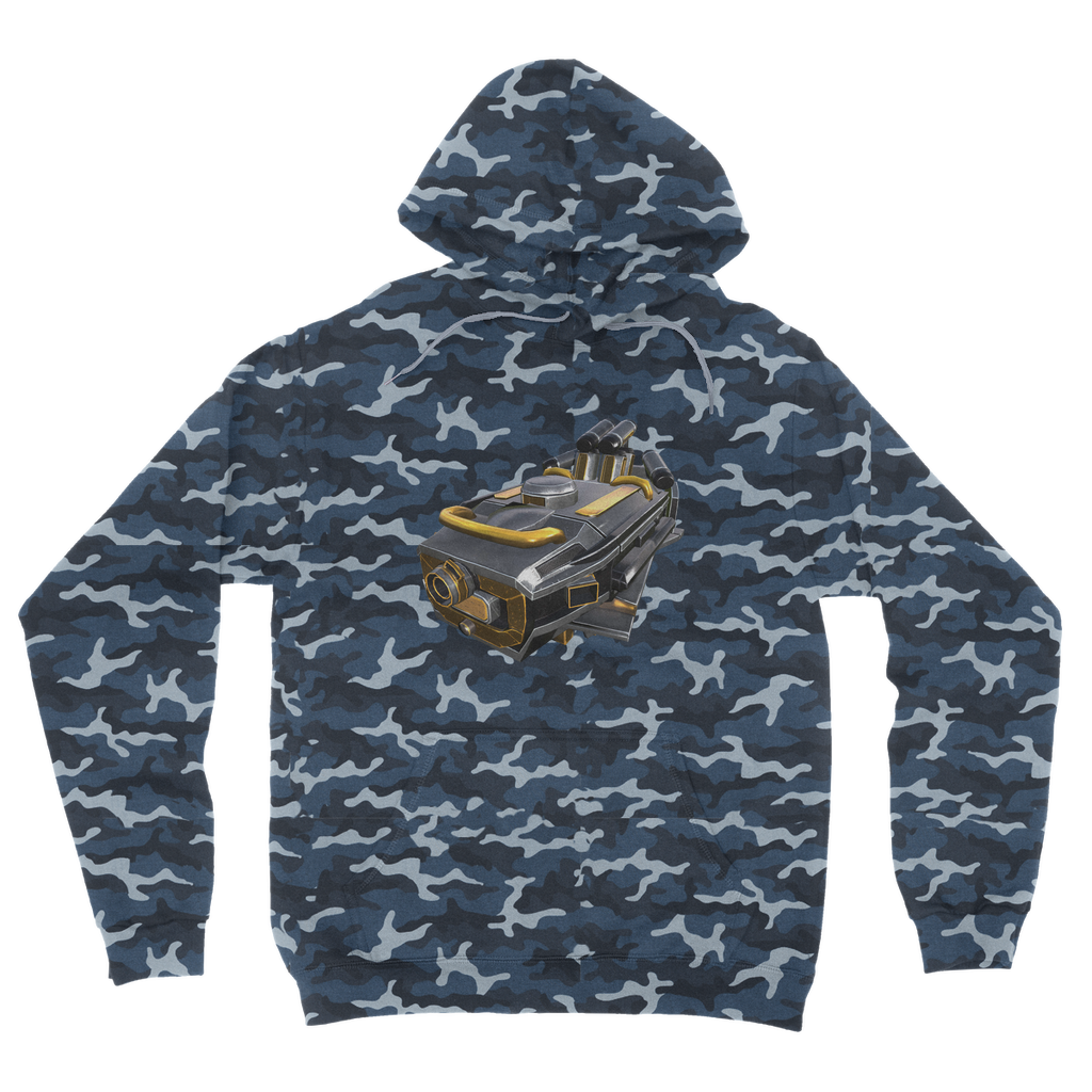 Drone Camouflage Adult Hoodie featuring an all-over camo design, double fabric hood, and kangaroo pouch pocket.