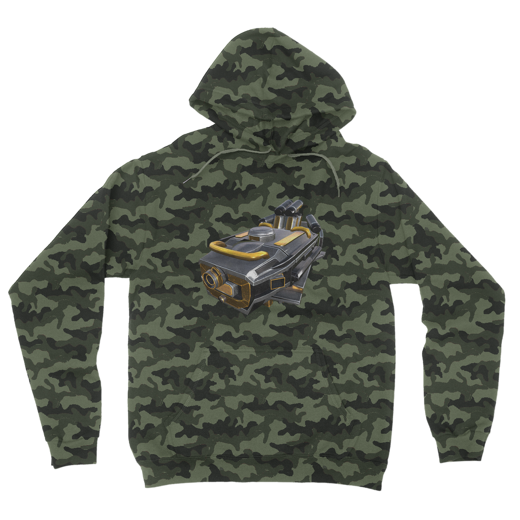 Drone Camouflage Adult Hoodie featuring an all-over camo design, double fabric hood, and kangaroo pouch pocket.